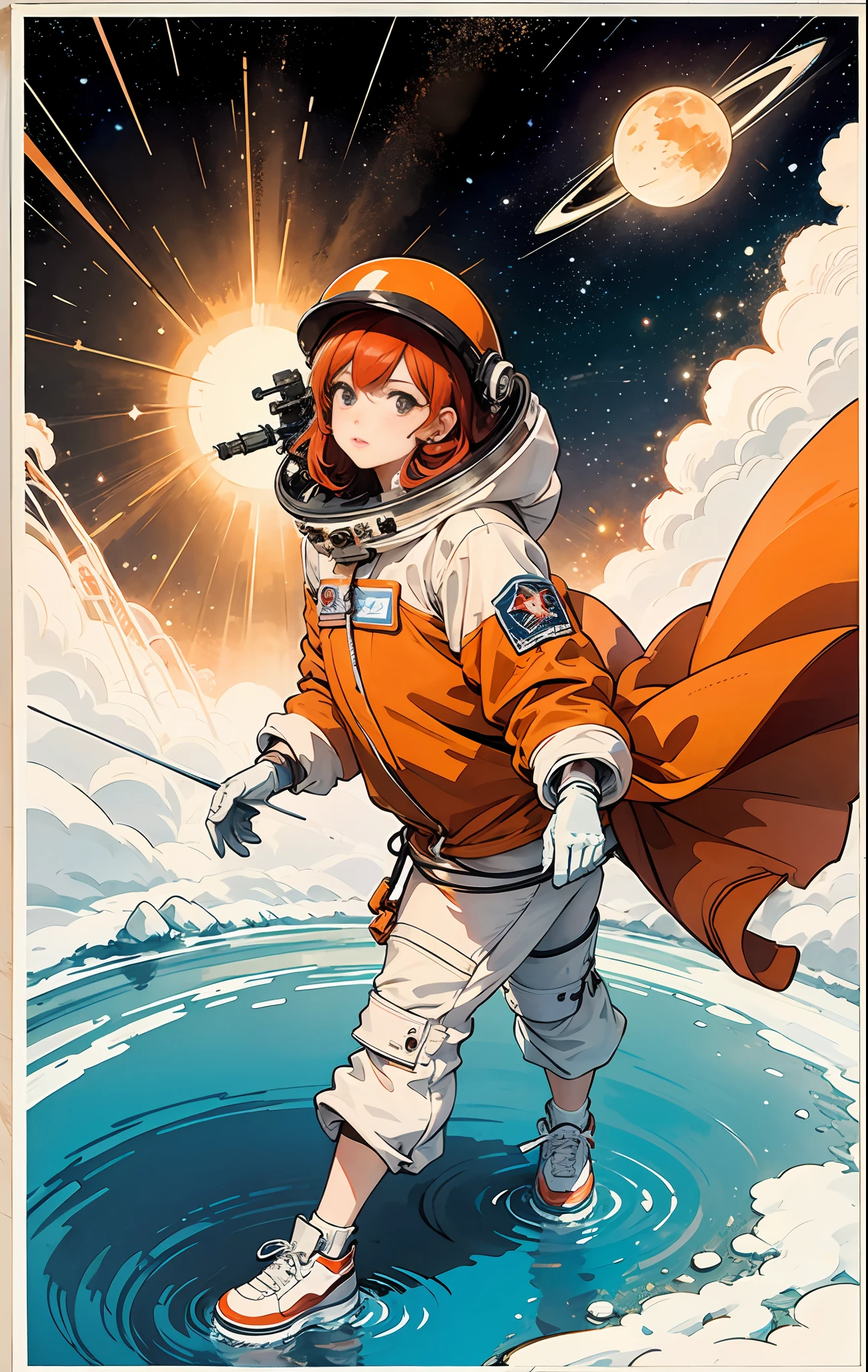 1girl,lovly,beautiful-detailed eyes,shinny hair,visible through the hair,Hair between the eyes,CCCPposter,sovietposter,red pubic hair,USSR Poster,urss,communism,black har,space suit:Orange_clothing_body:jumpsuit ), white_gloves, white_space shoes, white_helmet, CCCP red letter on the top of the helmet, weightlessness, Side light, reflection,The right hand gently touches the Salyut space station),Space station in the upper right corner of the screen,The sun reflects light,Silver metal,red flag,luster,Soviet poster style,diffuse reflection,metalictexture,The vista is the blue earth,starly sky,high key,Magnificent