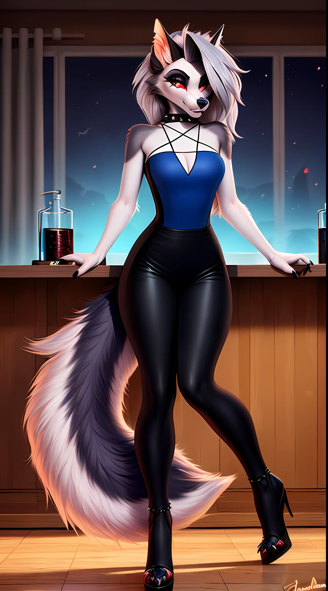 von Personalami, Helluva Boss, Loona Hellhound, Loona, weiblich, (detailliert), flauschig, solo, 1 Girls, fotorealistisch, ((klare strukturelle Details)), detaillierter Realismus, detaillierte augen,, schlank, weich, 4k, excellent quality, hohe Details, detailliertes Fell, ((tail correct position)), black clingy jumpsuit, black calf heels, spy putfit, as a spy, in a dark laboratory