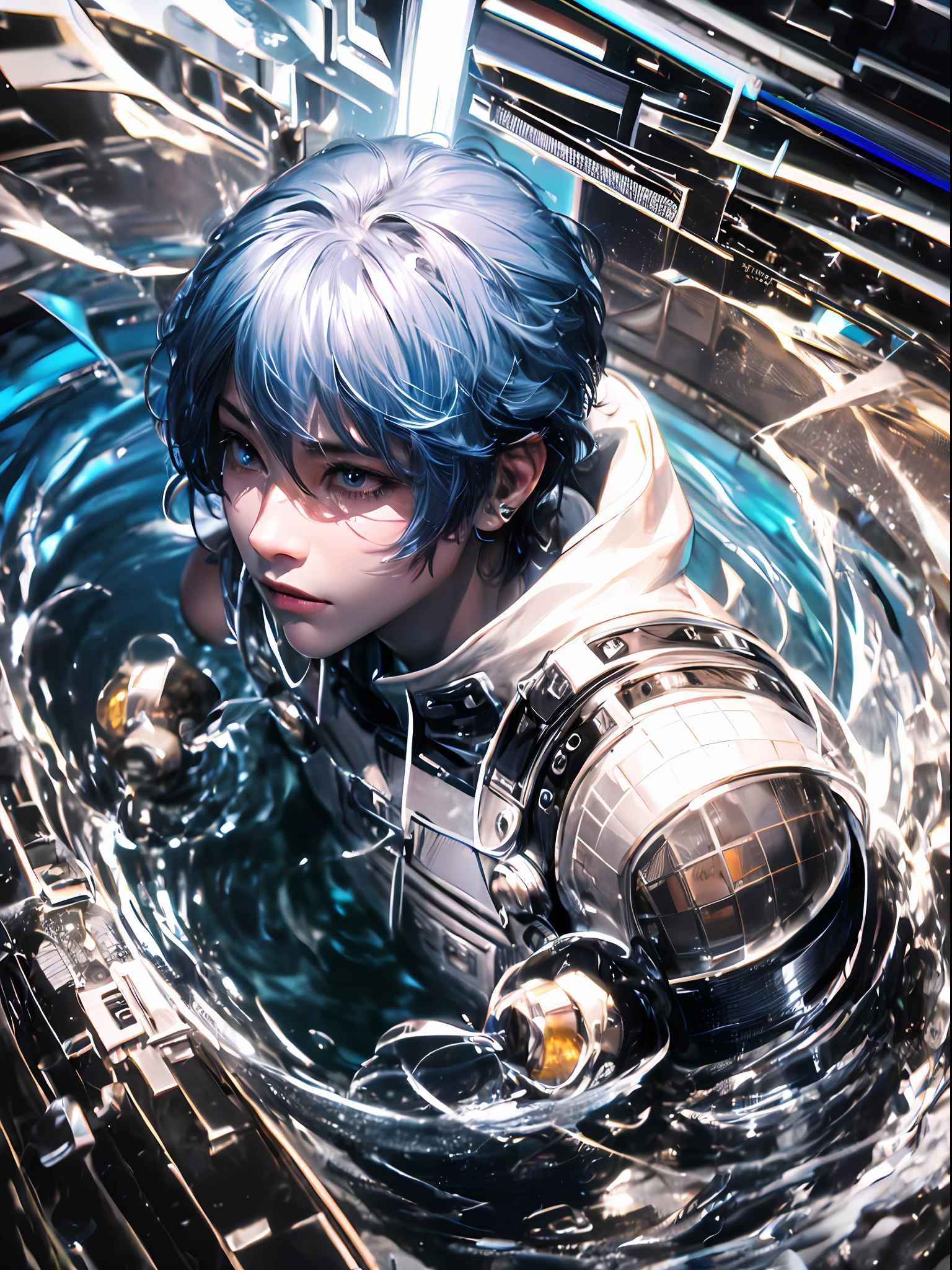 Ridiculous resolution, A high resolution, (巨作:1.4), hyper detailled, ((1boys)),(flathead),the scars,Short Hair Hair, a closeup,looking from above, spaces, afloat, --v 6