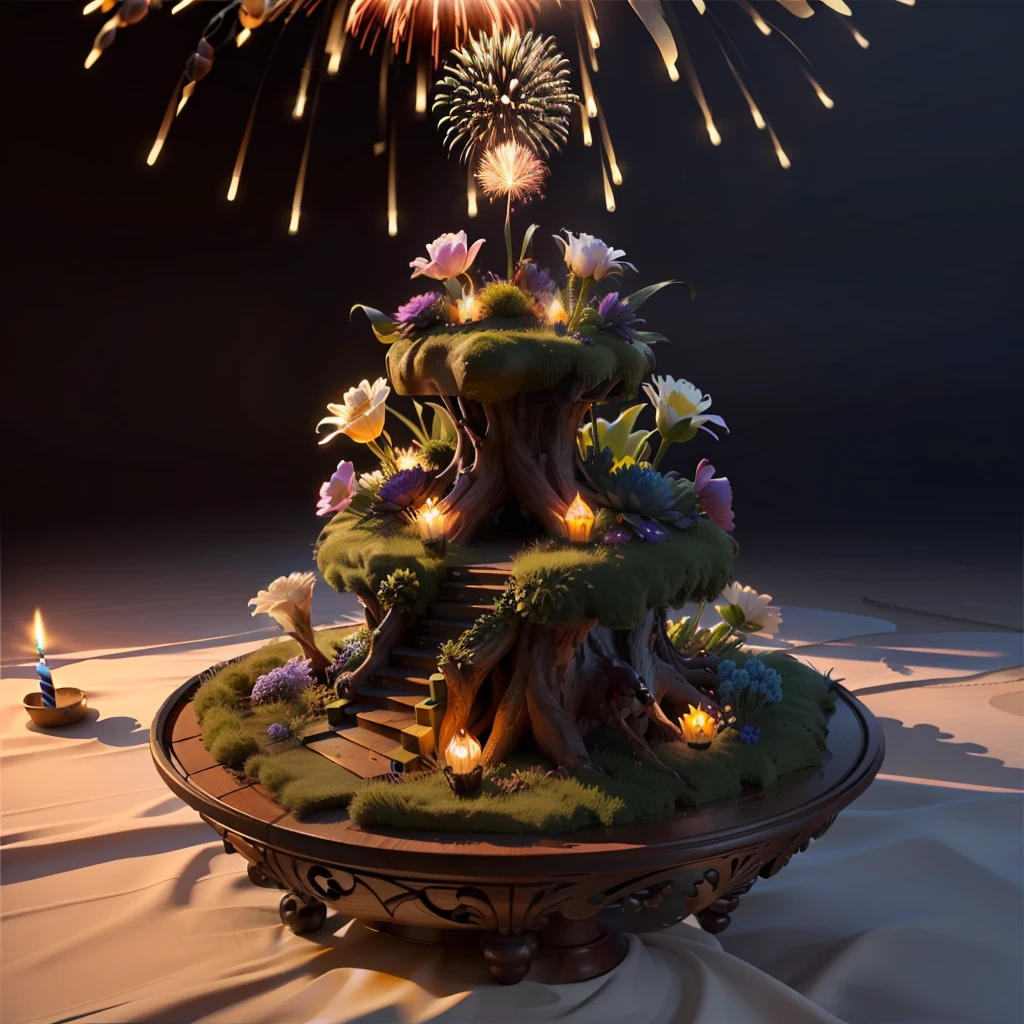 set up birthday anthill realistic habitat, two candles and fireworks, queen ants on top in realistic 3d fantasy habitat 4k