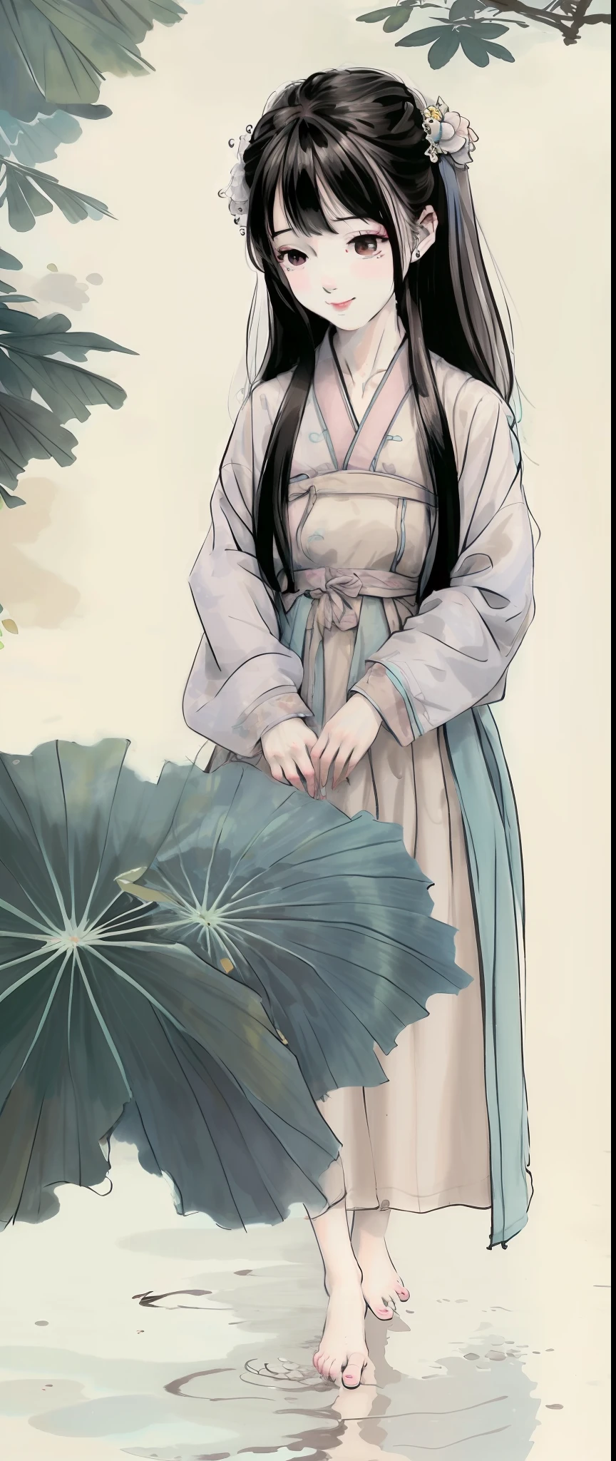 ((4k,masterpiece,best quality)), shuimobysim, Chinese painting, lotus, hanfu, maxiskit, dress conservatively 1girl, solo, long hair, smile, standing, feet in water, barefoot,