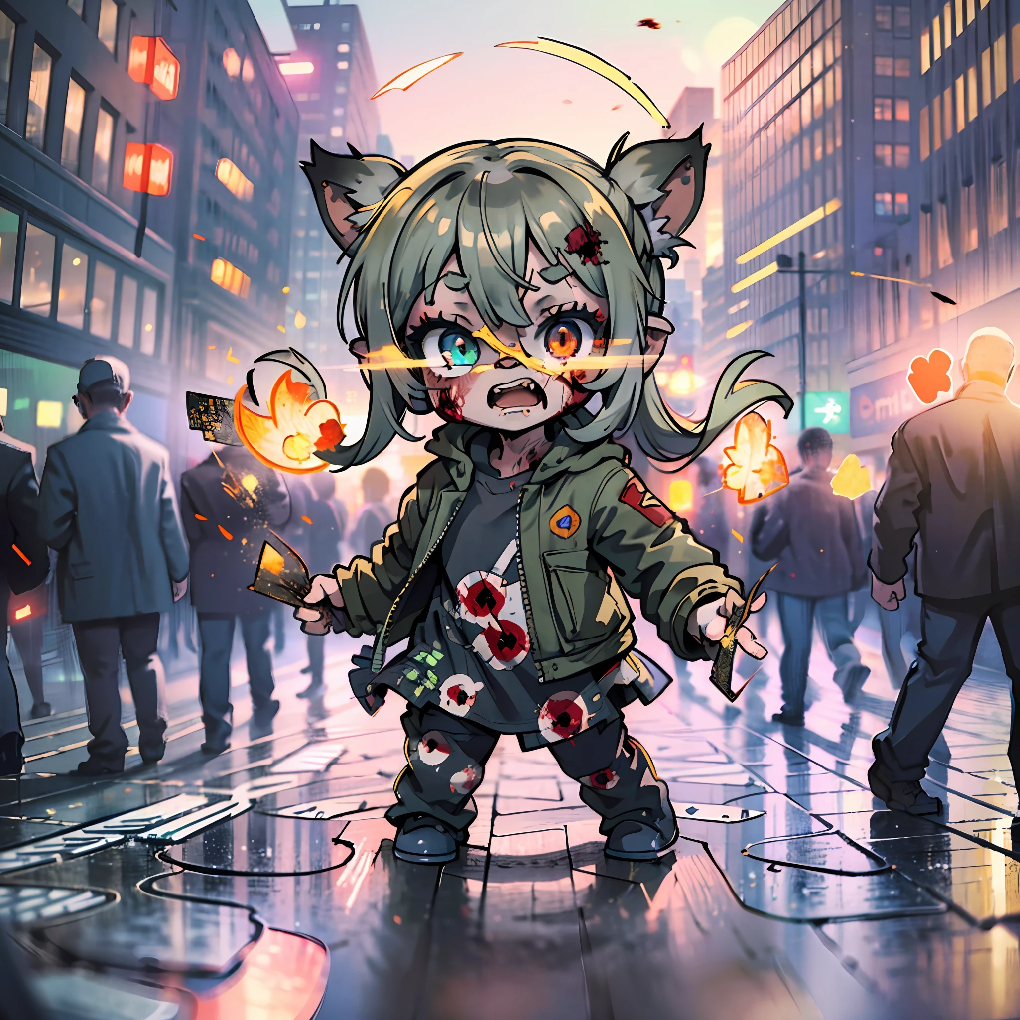 (award winning 8k concept art:1.3) of (mad giant zombie chibi, open mouth, scared crowd:1.3), extremely detailed background, darkness, flash, close to camera, sweet, front, epic, (masterpiece:1.4), (best quality:1.4), Amazing, beautiful, finely detailed, (Depth of field:1.4), 8k, fine art, stunning, (light reflections:1), (crisp:1.6), red twin tails, vibrant, (edge detection:1.4), absurdres, impressive, 120mm, clear, lens flare, wide shot, wide angle, scenery