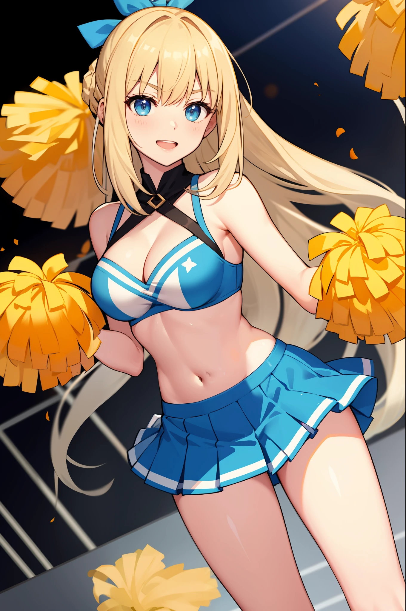 masterpiece, best quality, long hair, medium breast, cleavage, navel, slim legs, morgan fate blonde hair, stage, cheerleader, happy, short skirt, mature women, standing