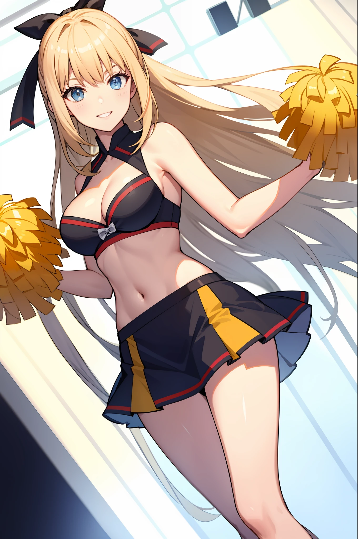 masterpiece, best quality, long hair,  medium breast, cleavage, navel, slim legs, morgan fate blonde hair, stage, cheerleader, happy, short skirt, mature women, standing