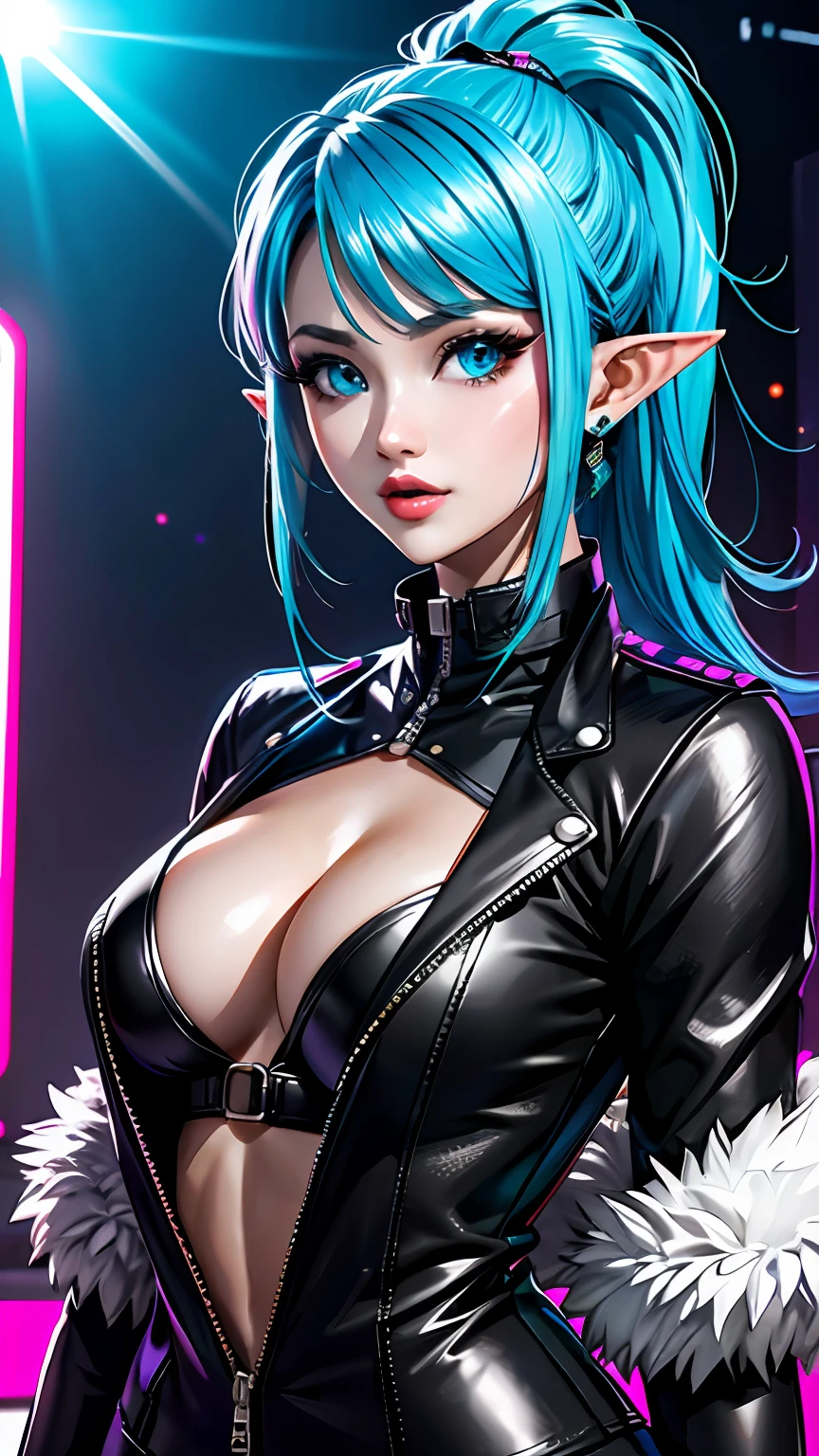 CyberpunkAI, neon, 1girl, elf, neon hair, neon eyes, ponytail hairstyle, black leather jacket