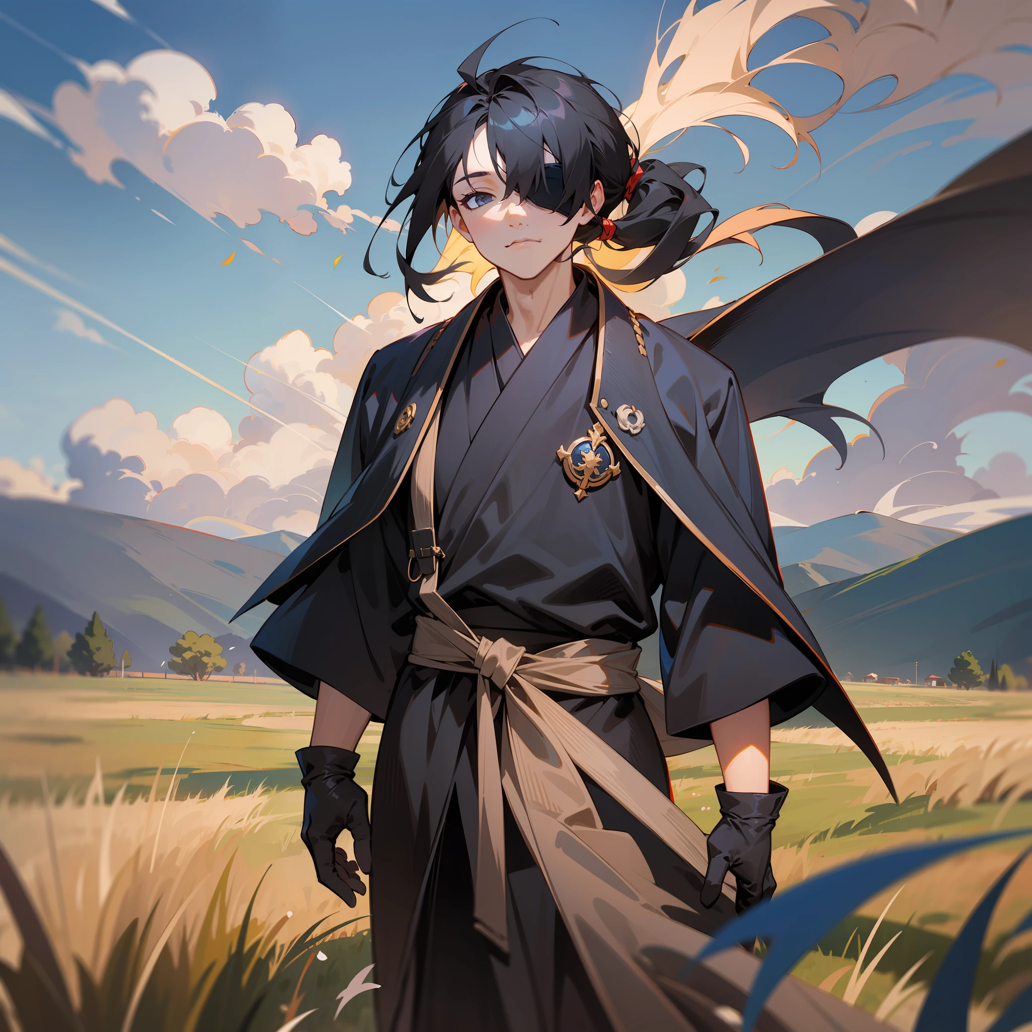 1man, solo focus, original character, black haired man, pony tail, eyepatch, wearing long black robe, gloves, standing on the middle of the meadow, wind blowing trough his hair, wind gently blowing, beautifull sun lighting, a peace full day, blue sky, masterpiece artwork, trending on artstation