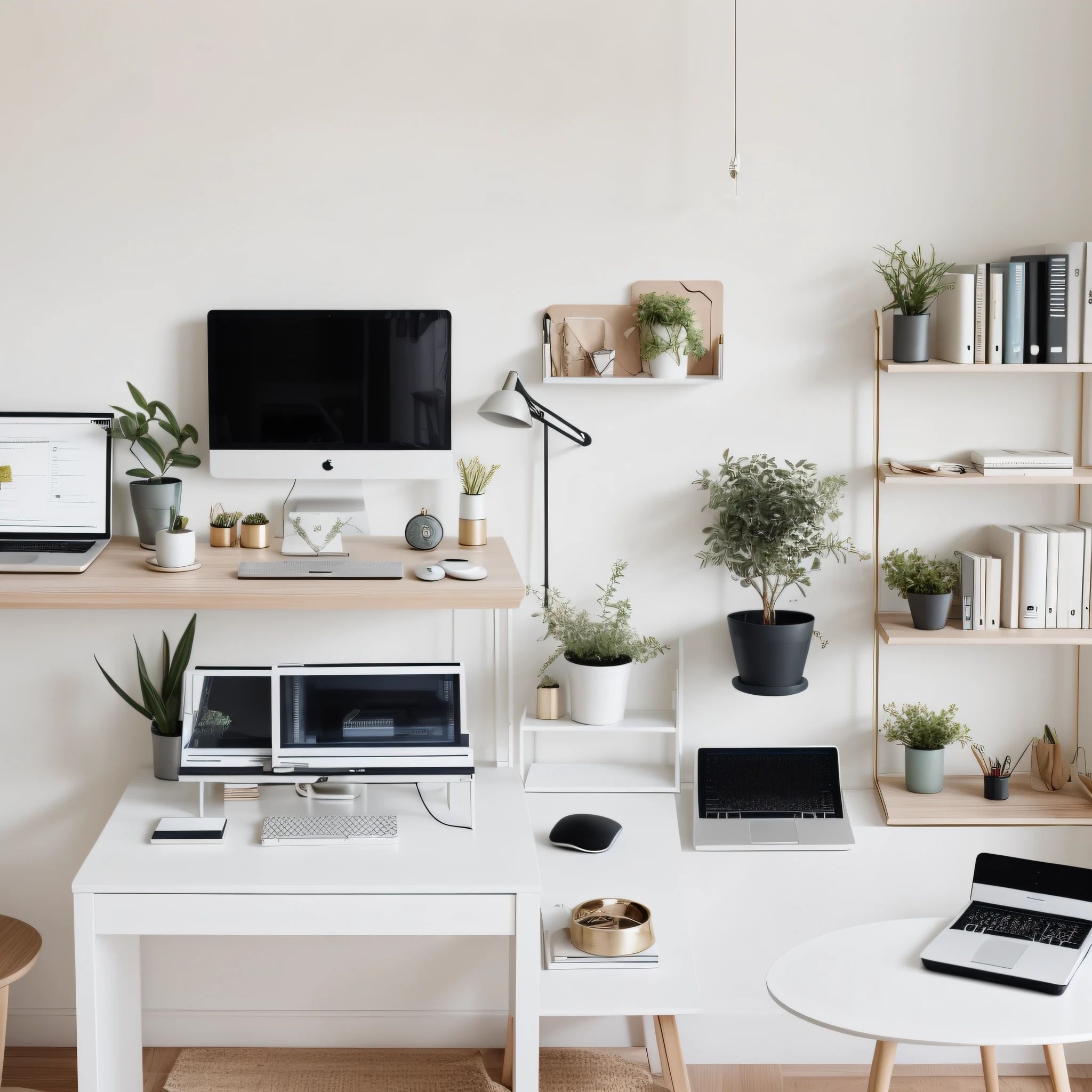 "Imagine a minimalist workspace, com cores neutras, clean lines and an organized layout, promoting a sense of calm and focus for daily tasks."