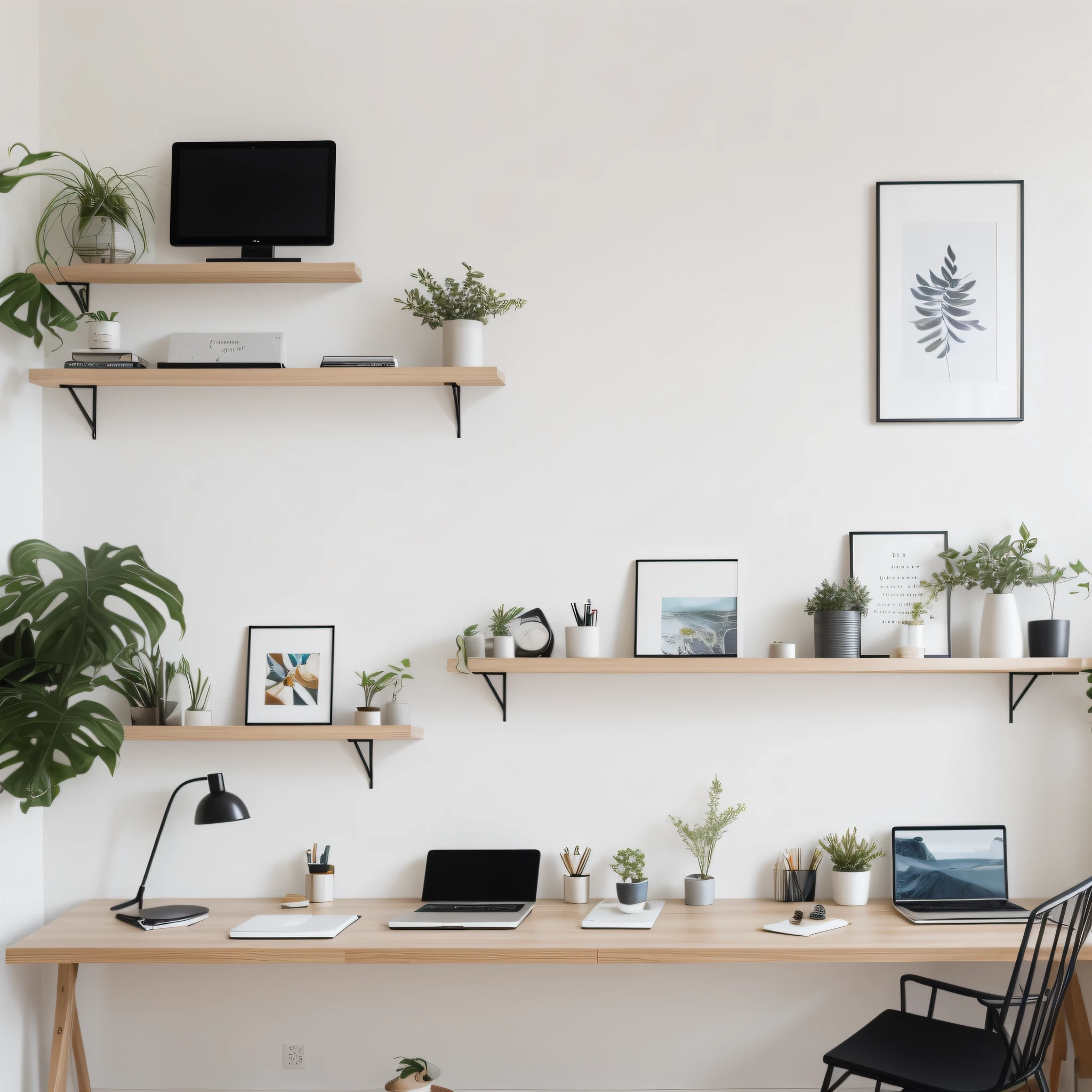 "Imagine a minimalist workspace, com cores neutras, clean lines and an organized layout, promoting a sense of calm and focus for daily tasks."