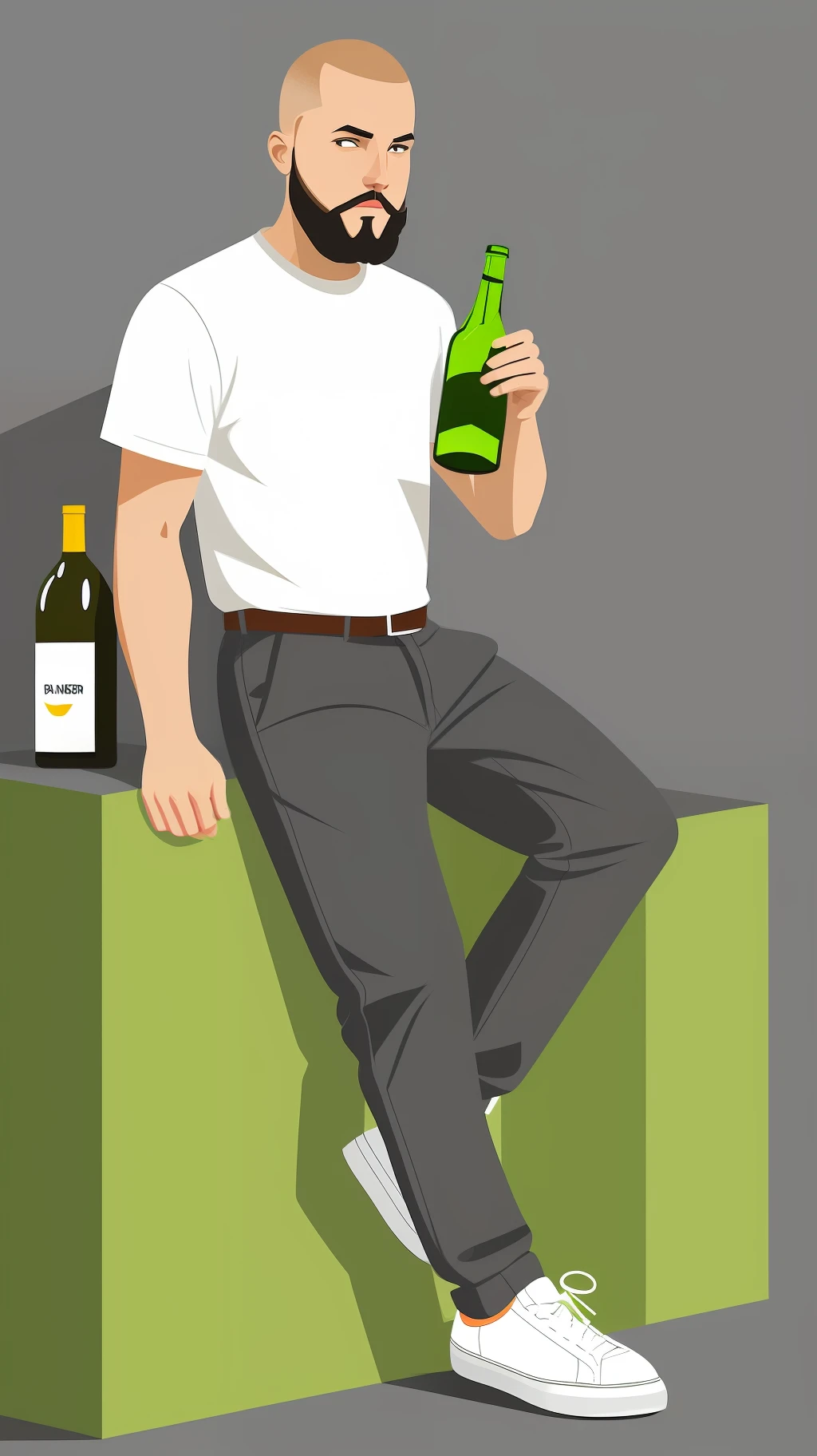 Illustration of young skinhead man with beard on the chin,gray Parker and sneakers holding a green bottle of white wine is drawn in a flat design