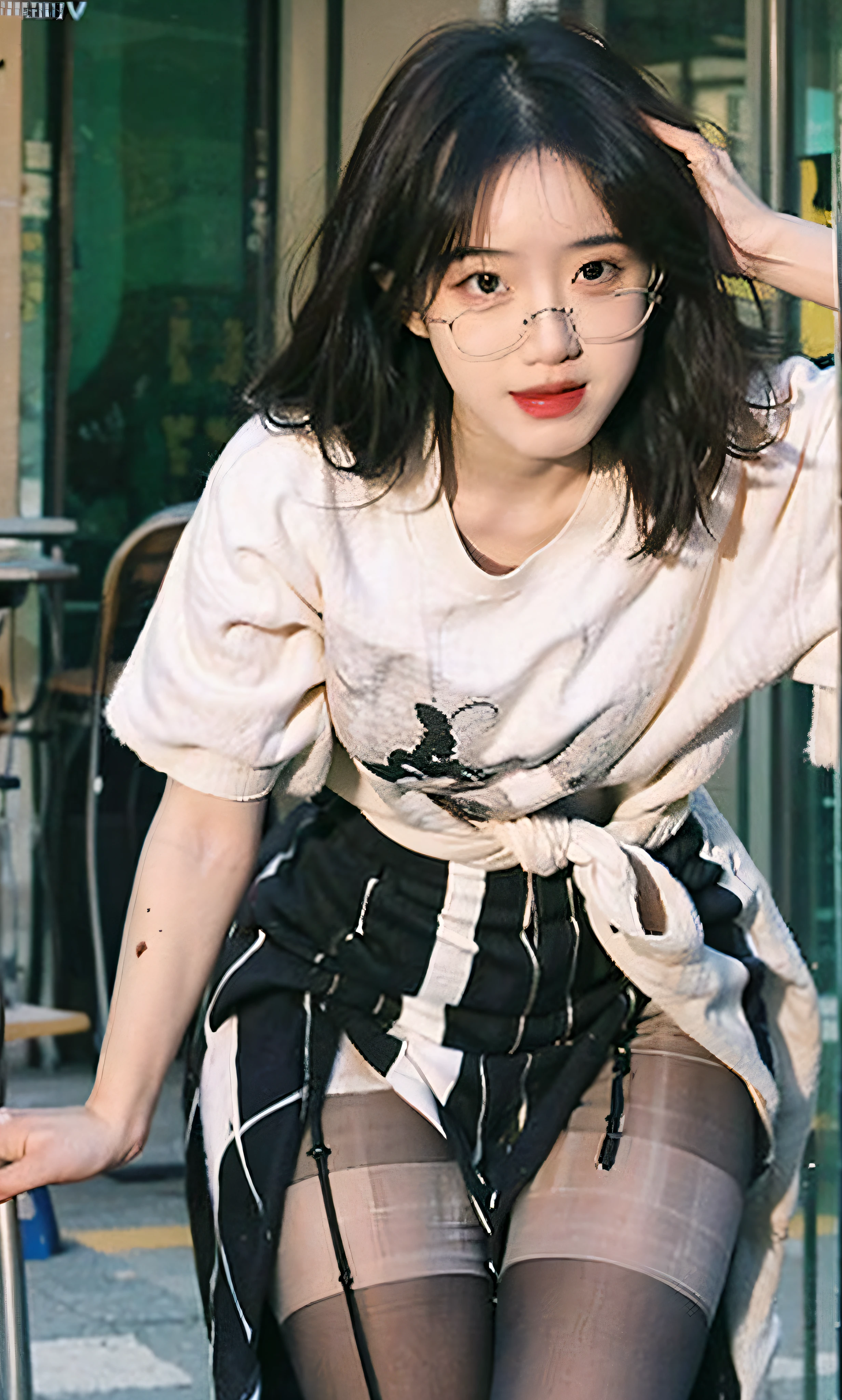 ulzang-6500-v1.1,(OriginalPhoto:1.2), (Photorealistic:1.4), beautiful detailed girl, Very detailed eyes and face, Beautiful detailed eyes, Preposterous, incrediblyabsurdres, hugefilesize, Ultra-detailded, high resolucion, Heavily detailed,optimal quality,masterpaintings,,插圖,Heavily detailed,CG,unified,8k 壁纸,Amazing,finely detailled,masterpaintings,optimal quality,greatly detailed的 CG unified 8k wallpapers,light in the face,cinamtic lighting, 1girl huge large breasts, 16 years old,Long white hair,lateral division,(Large big tits),((No panties)),(wears glasses),(((dynamicpose))),(((sexyposture))),(Half-body),((White pantyhose)),(((Apricot skirt wrapped around hips))),white blouse shirt