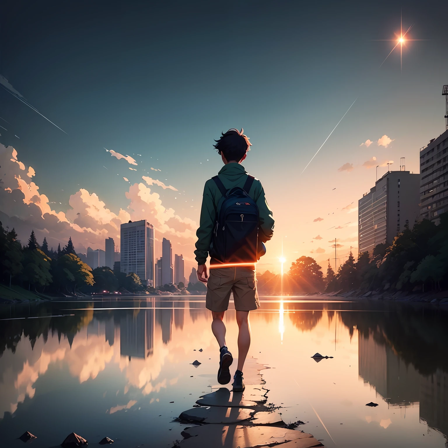 A boy scratched his hair in frustration，Mirror image instead, calm and calm retro style Makoto Shinkai picture，pixiv，concept-art，Lofi art style，glint。 by makoto shinkai, lofi art, beautiful anime scenes, Anime landscapes, Detailed scenery —width 672, in style of makoto shinkai, style of makoto shinkai --auto