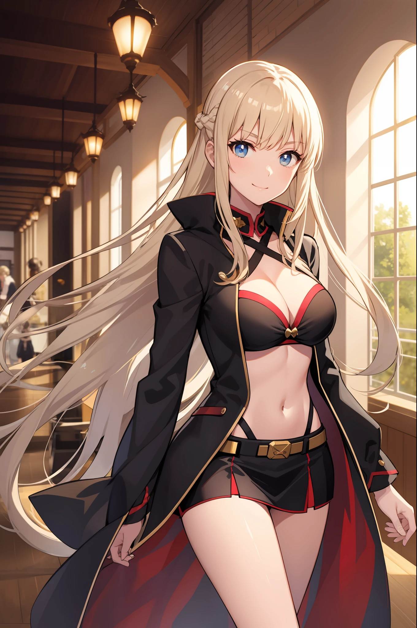 masterpiece, best quality, long hair, medium breast, cleavage, navel, slim legs, morgan fate blonde hair, soldier outfit, happy, short skirt, mature women, standing
