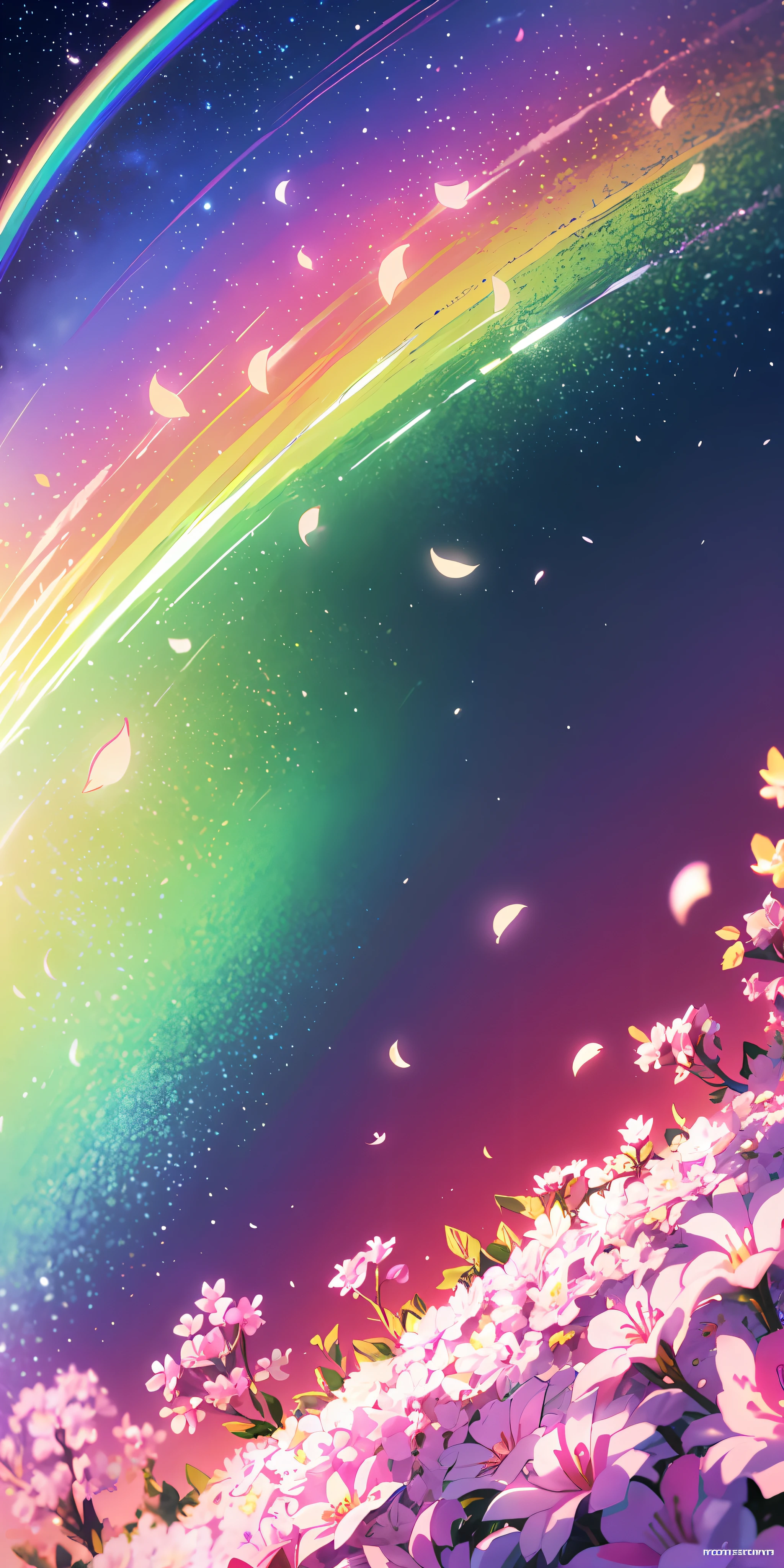 Masterpiece, best quality, (very detailed CG unity 8k wallpaper) (best quality), (best illustration), (best shadows) Nature's delicate leaves petals of rainbow colors falling in the air light Tracking, two boat, running flower super detailed --v6