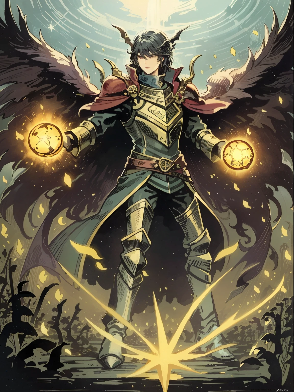 "((Tarot card:0.9, Cavaleiro de copas, gralhas:0.7X3, mago:0.8), alta qualidade, illustration detailed, dinamic pose, magic atmosphere, fundo enevoado, luz quente)"