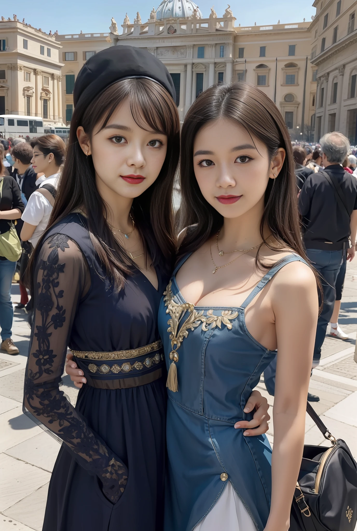 巨作, 4K, Best quality, FELute, necklace,Gorgeous dress, (on the St. Peter's Square of Vatican,crowd of),Bracers, Cowboy shot, lookatthe viewer, Smirk, Hand up