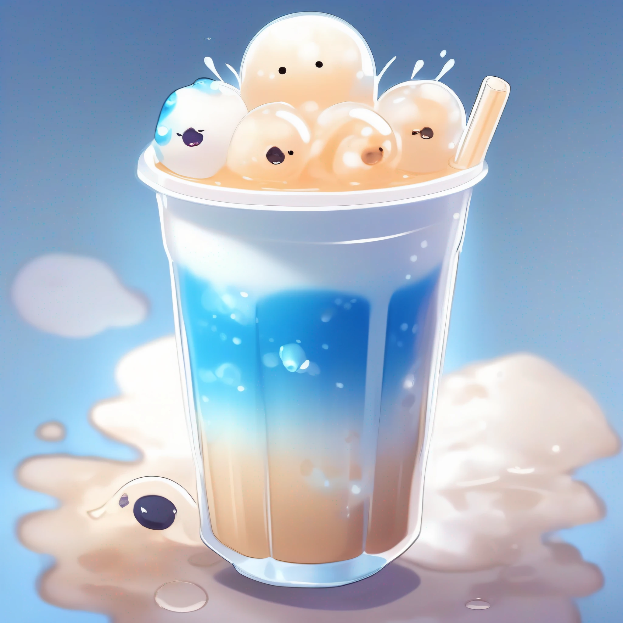 A cup of milk tea,The milk tea contains soft and sticky blue round jelly,And crushed ice,Milk tea gradients from blue to white,white backgroung,hight clarity,Best picture quality,The appearance of any human and other living beings is prohibited,It is a cute anime style,Anime style,