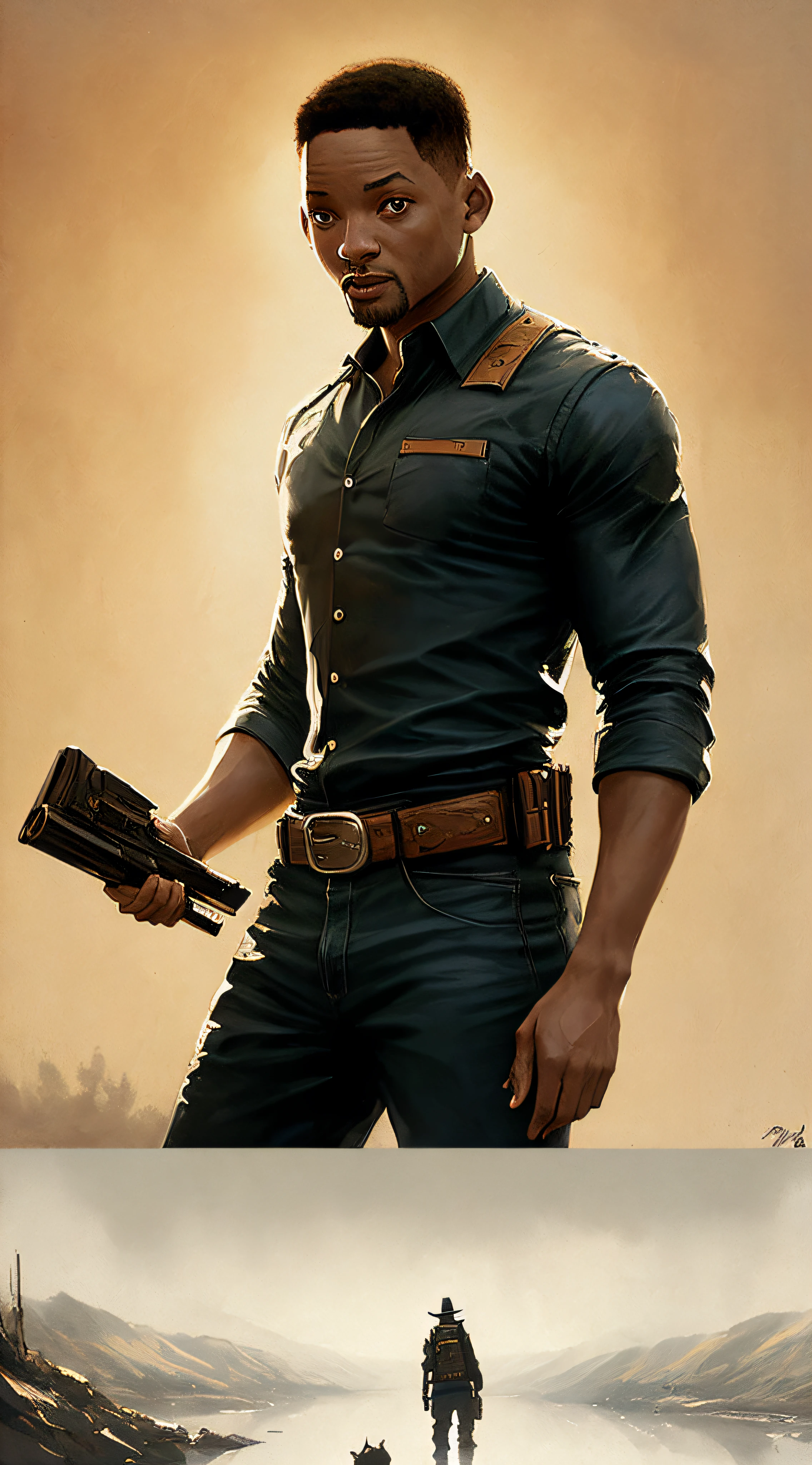 Will Smith from Wild Wild West, vhs Effect, (Poster: 1.6), Poster on the Wall, Nostalgia, Movie Poster, Westerns (Skin Texture), Intricate Detail, Fine Detail, Hyperdetail, Ray Tracing, Subsurface Scattering, Diffuse Soft Light, Shallow Depth of Field, Trends by Oliver Wetter on CGSociety, Complex, High Detail, Sharp, Dramatic, Realistic Art of Painting, by greg rutkowski