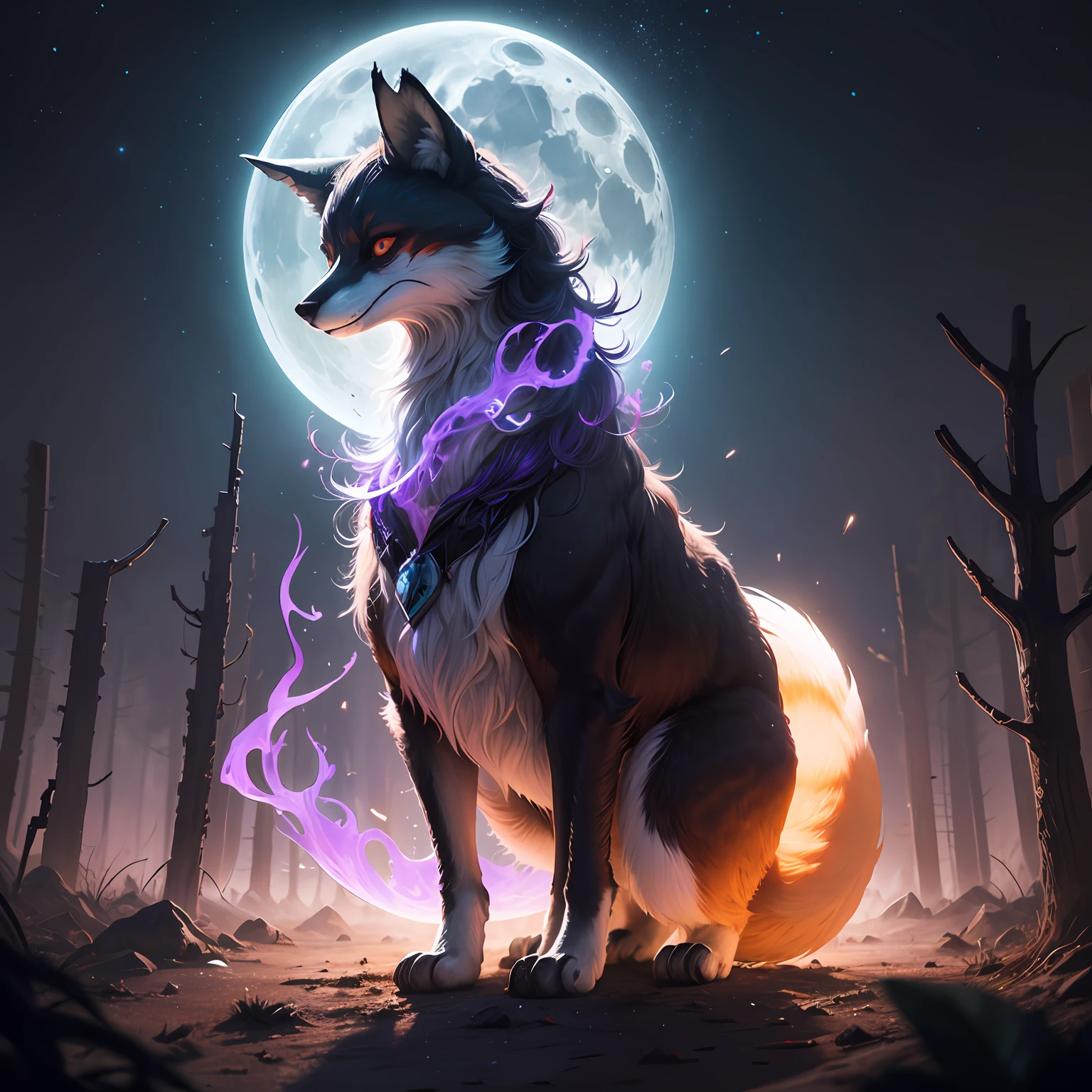 ((Shapeshifter vermelho escuro druida Mage Fox)) (((obra-prima))), ((melhor qualidade)), (alta resolução), fotorrealista, professional lighting, Vibrando, Realistic proportions, animal, raposa selvagem,floresta arruinada, cores escuras, vaga-lumes, contraste, textura, Realismo, alto qualidade, Chinelos Shadon, efeito magico roxo voando entornodos personagens,armadura olhos de cristal, magic effects, noite, Big moon in the sky --auto