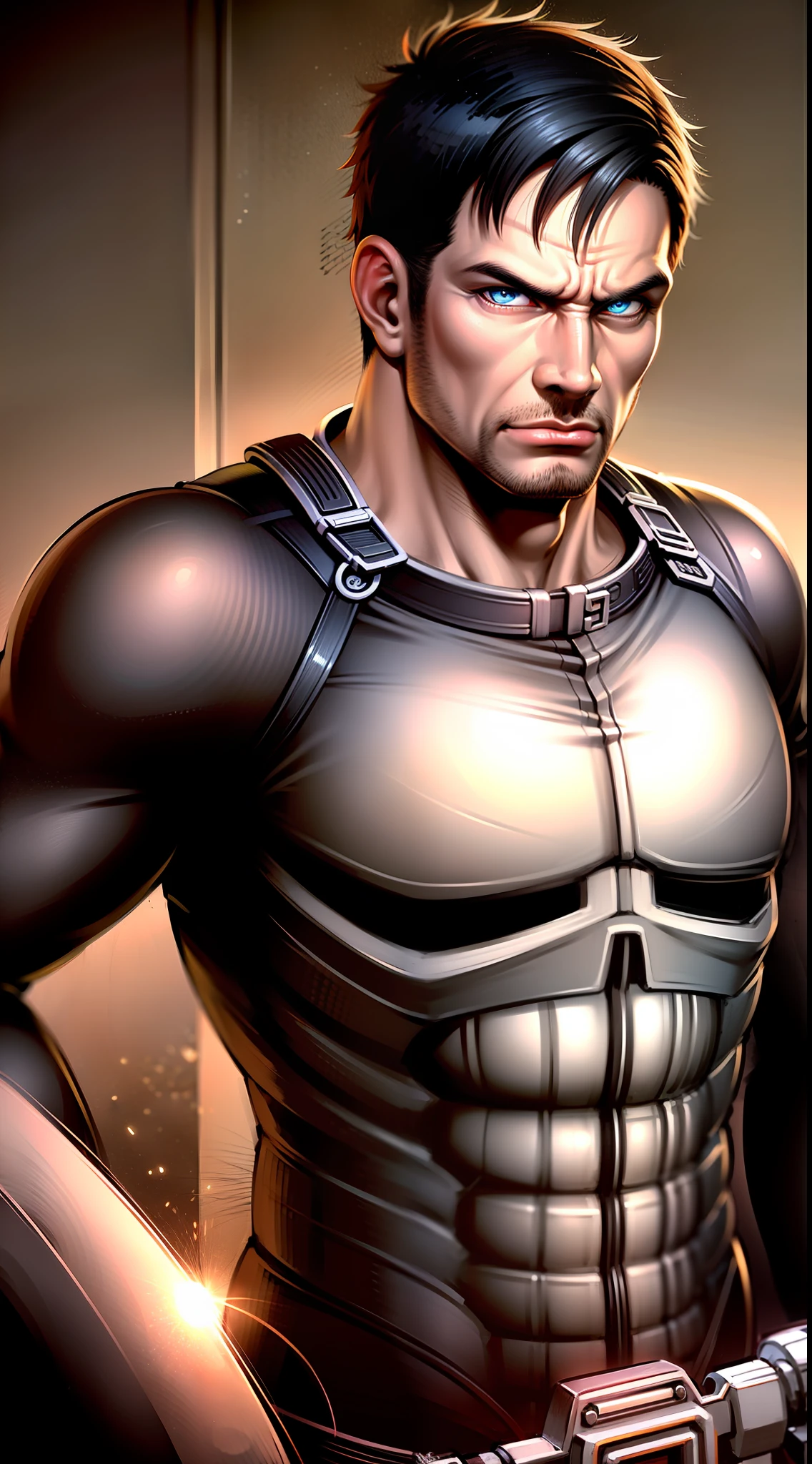 adult man, Short black hair, blue eyes, angry, the Punisher, Masterpiece, highly quality