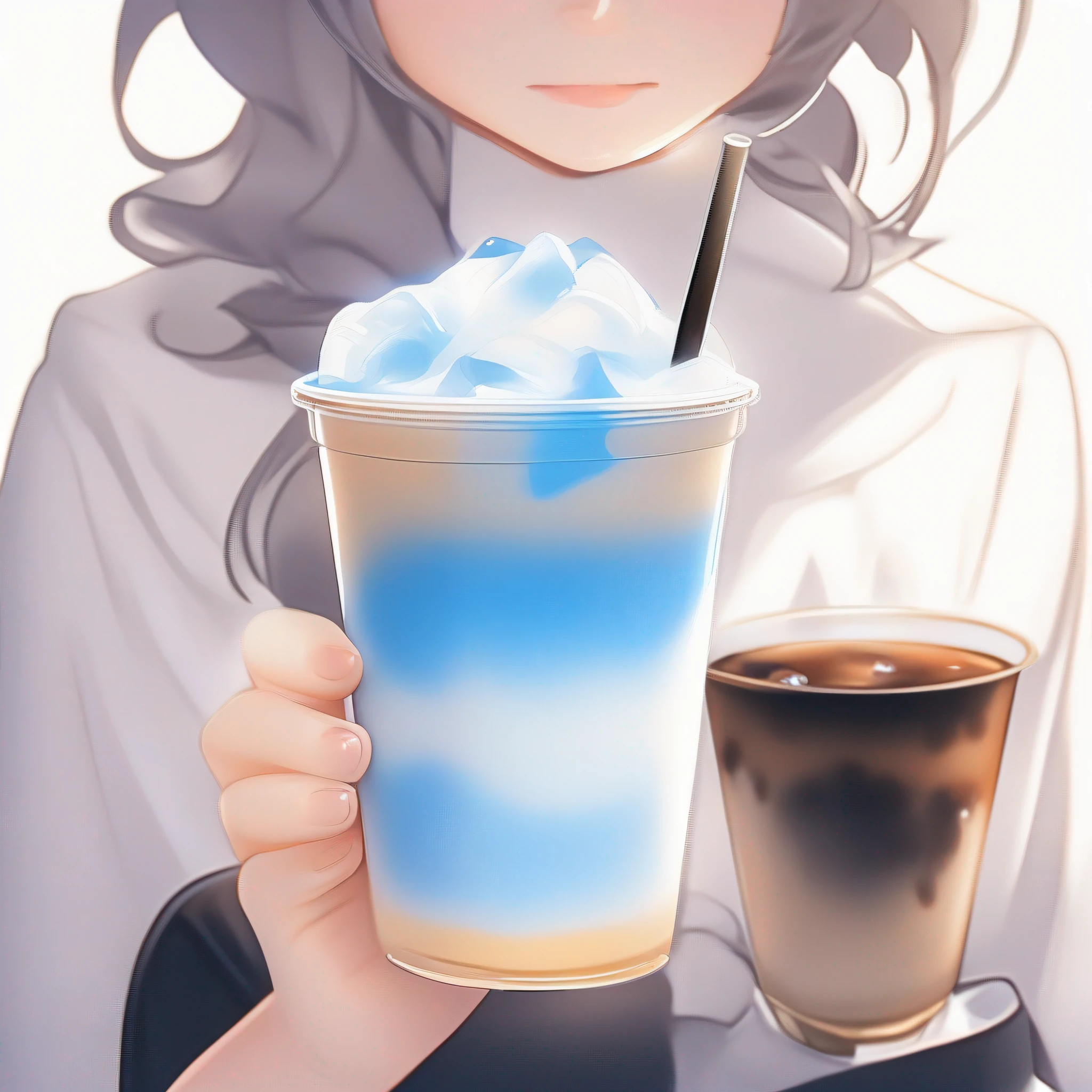 A cup of milk tea,The milk tea contains soft and sticky blue round jelly,And crushed ice,Milk tea gradients from blue to white,white backgroun,hight clarity,Best Picture Quality,The appearance of any human and other living beings is prohibited,