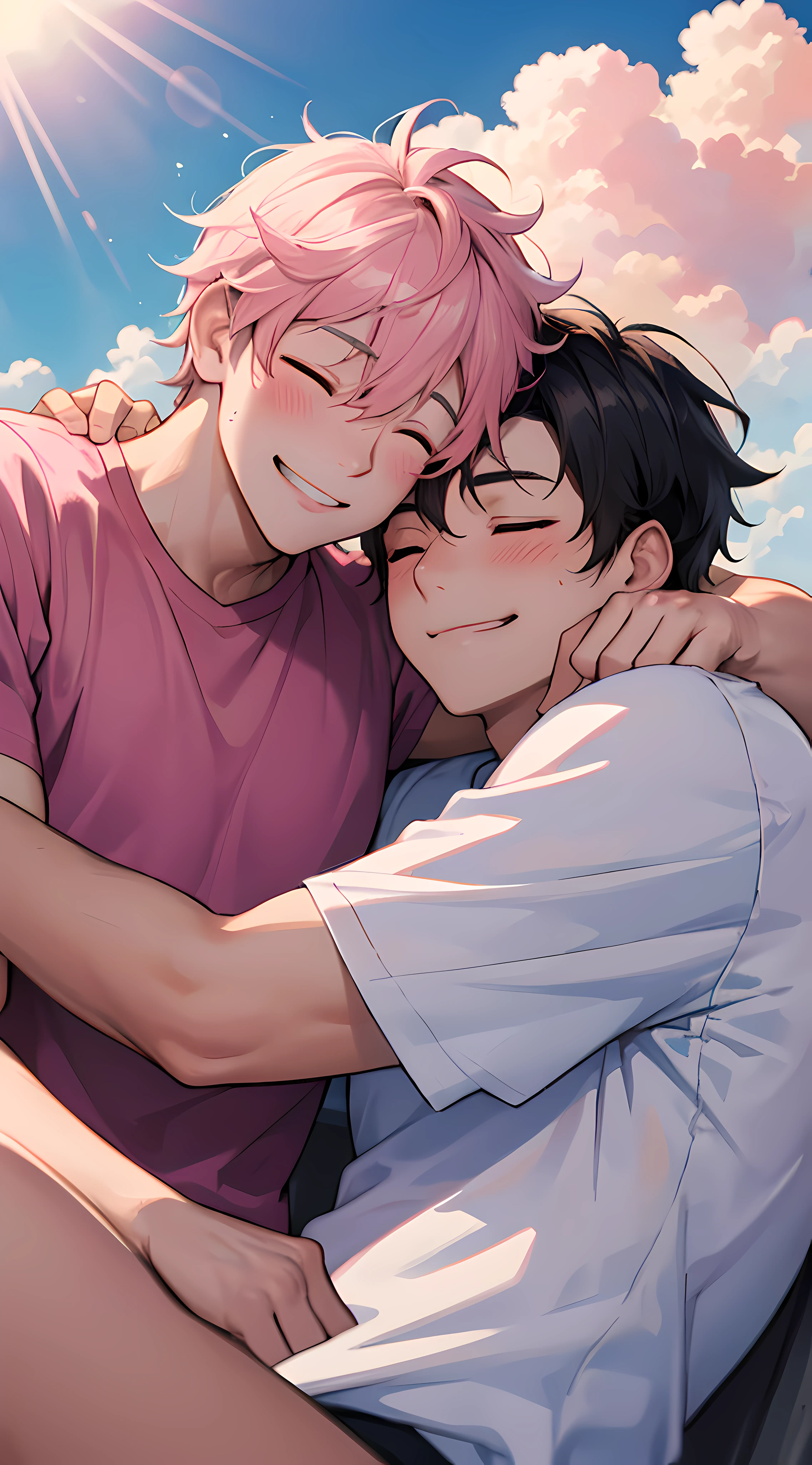 Hi-Def,high qulity,(2 men:1.2),white short sleeve,Sleep in the clouds,Pink clouds,Close your eyes,Hug face to face,Smile with your mouth closed,musculature,A small amount of clothing,Sunlight on the face