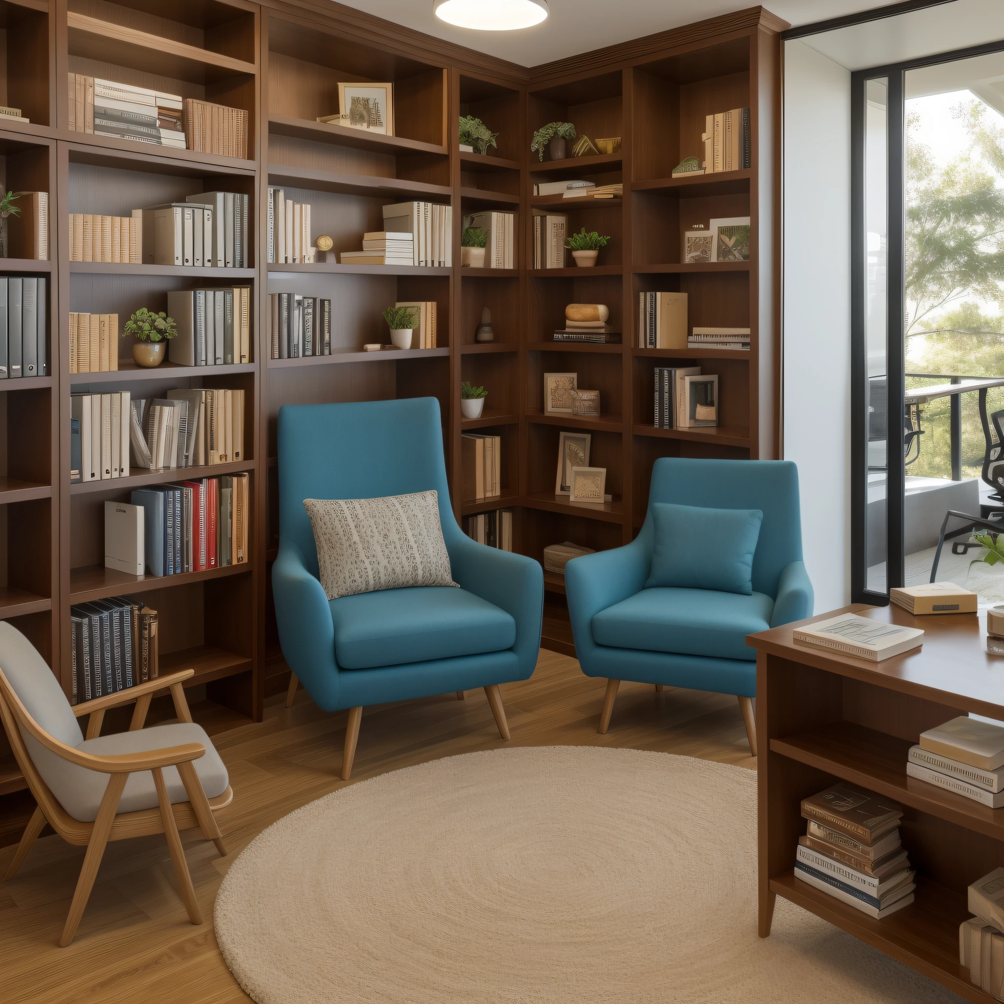 "Create a rest area in the office, with comfortable armchairs, luzes suaves e uma biblioteca de livros inspiradores, offering a tranquil place to recharge and seek inspiration."