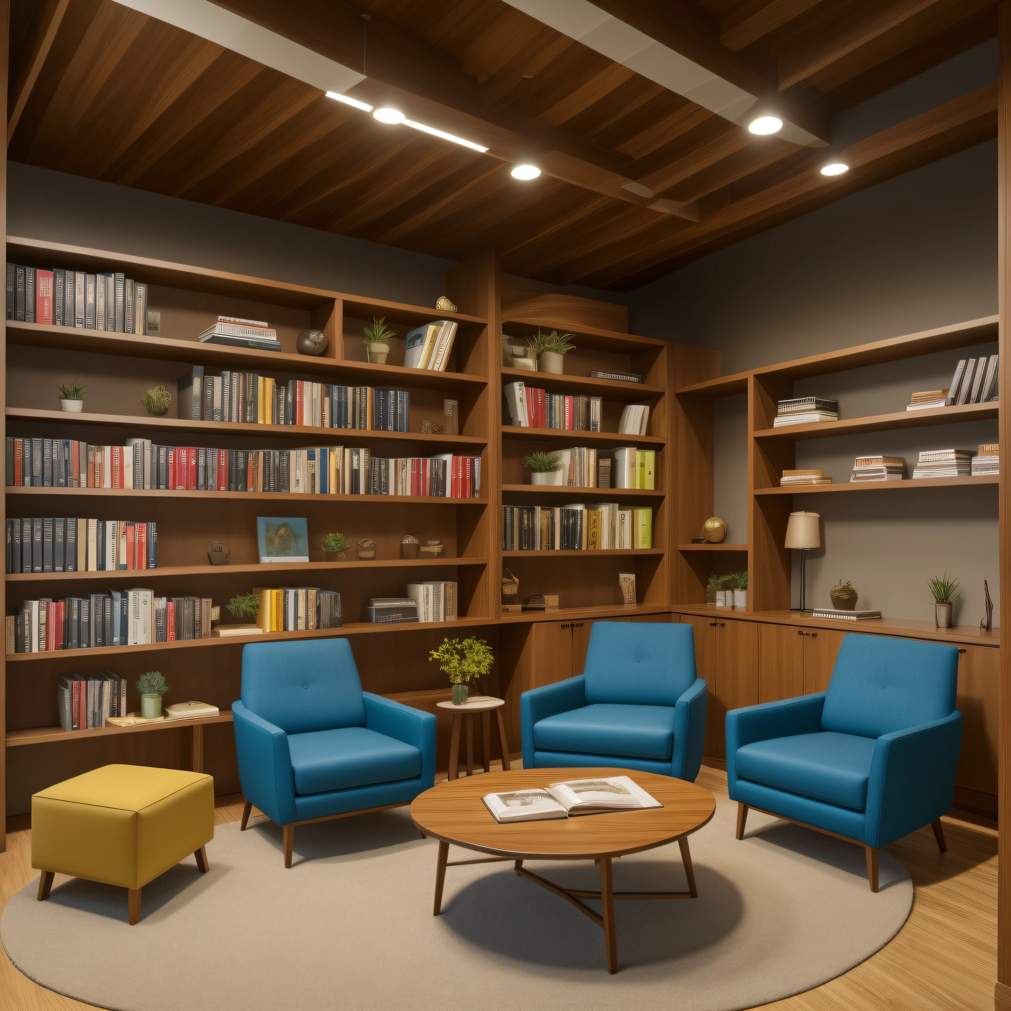 "Create a rest area in the office, with comfortable armchairs, luzes suaves e uma biblioteca de livros inspiradores, offering a tranquil place to recharge and seek inspiration."