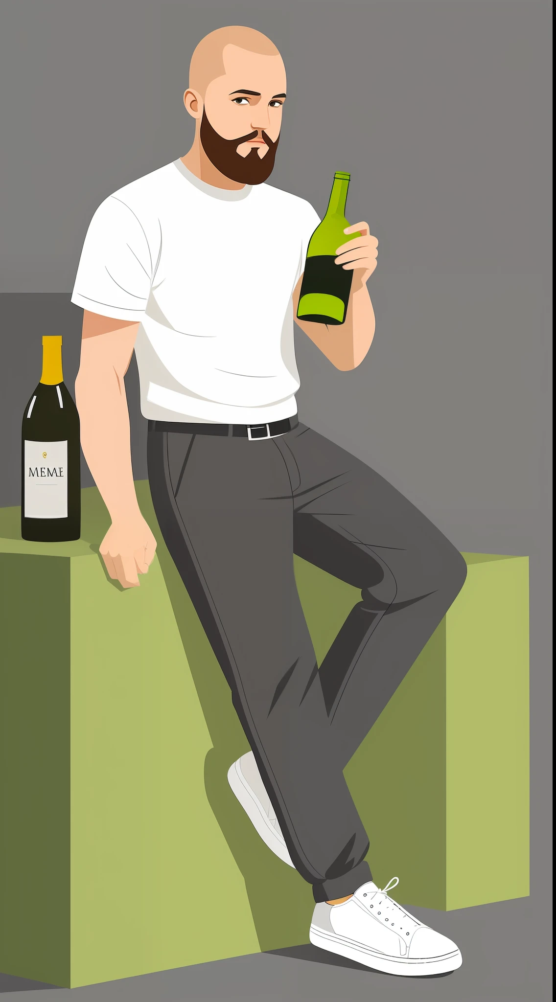 Illustration of young skinhead man with beard on the chin,gray Parker and sneakers holding a green bottle of white wine is drawn in a flat design