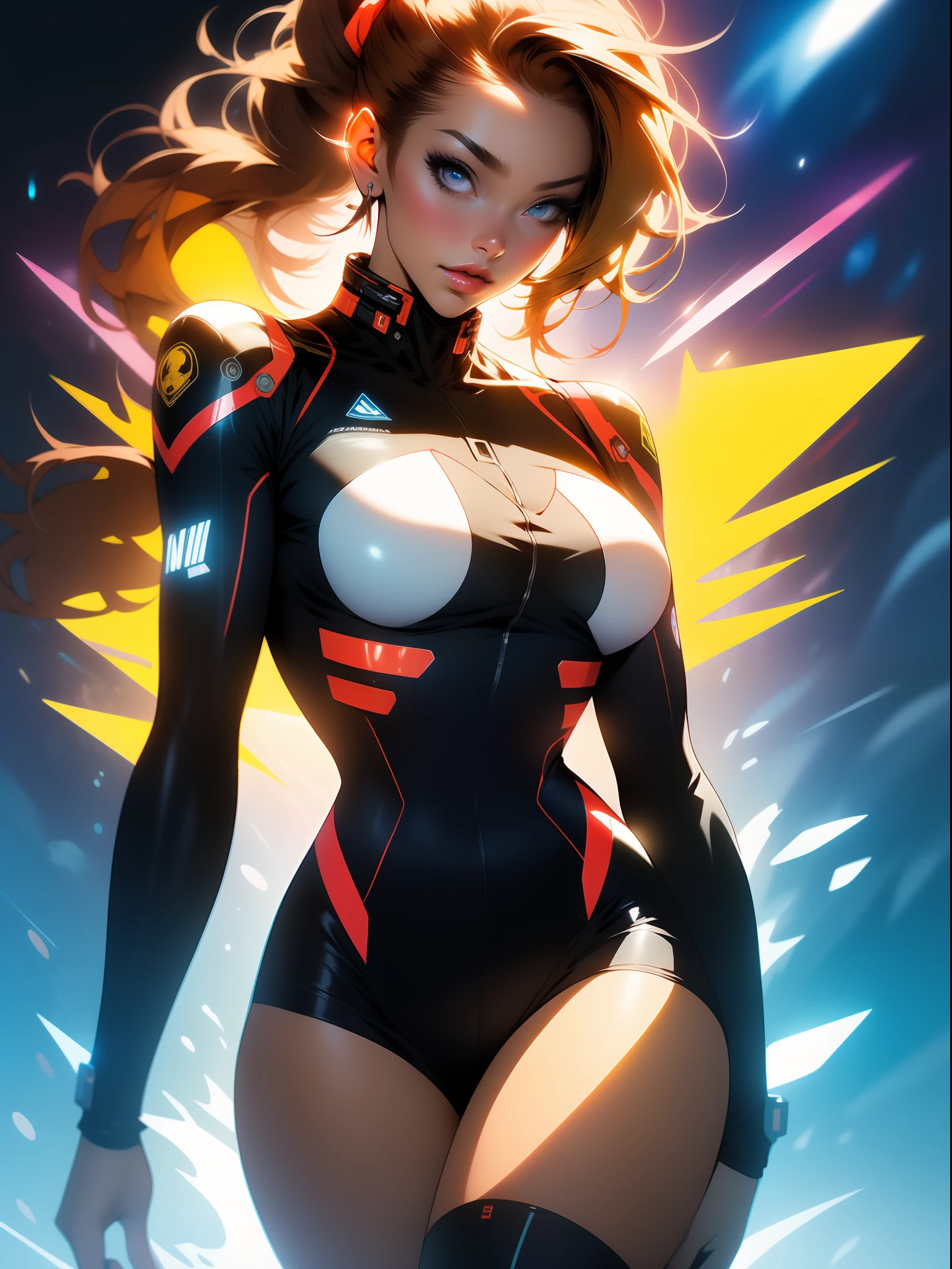((Best quality)), ((masterpiece)), (detailed: 1.4), (Absurd), ((((super defined eyes)))), Fighter pilot Latina woman ready for war, perfect body, shiny tanned skin, Shakira, wearing a bandana on her head, defined muscles, half thick naked thighs, closed mouth, only in panties, include stars in clothing, muscular body covered by technological clothing, Neon Genesis Evangelion style, cyberpunk, generous neckline, ((perfect large breasts)), (brown eyes without pupils), ((clothing in the colors Yellow, red and blue)), (((brown hair with ponytails))), (Yellow, red and blue bands covering the breasts), ((drawings on the arms)), Colombia, short underwear, garter belt, by mucha, niji --V5, close to real, psychopathic, crazy face, sexy pose, background with a giant Gundam-style Robot head, 2 piece clothing, shoulder pads with airplane wings, pastel, centered, scale to fit dimensions, HDR (High Dynamic Range),Ray Tracing,NVIDIA RTX,Super-Resolution,Unreal 5,Subsurface dispersion, PBR texture, Post-processing, Anisotropic filtering, Depth of field, Maximum clarity and sharpness, Multilayer textures, Albedo and specular maps, Surface shading, Accurate simulation of light-material interaction, Perfect proportions, Octane Render, Two-tone lighting, Wide aperture, Low ISO, White balance, Rule of thirds, 8K RAW, crysisnanosuit