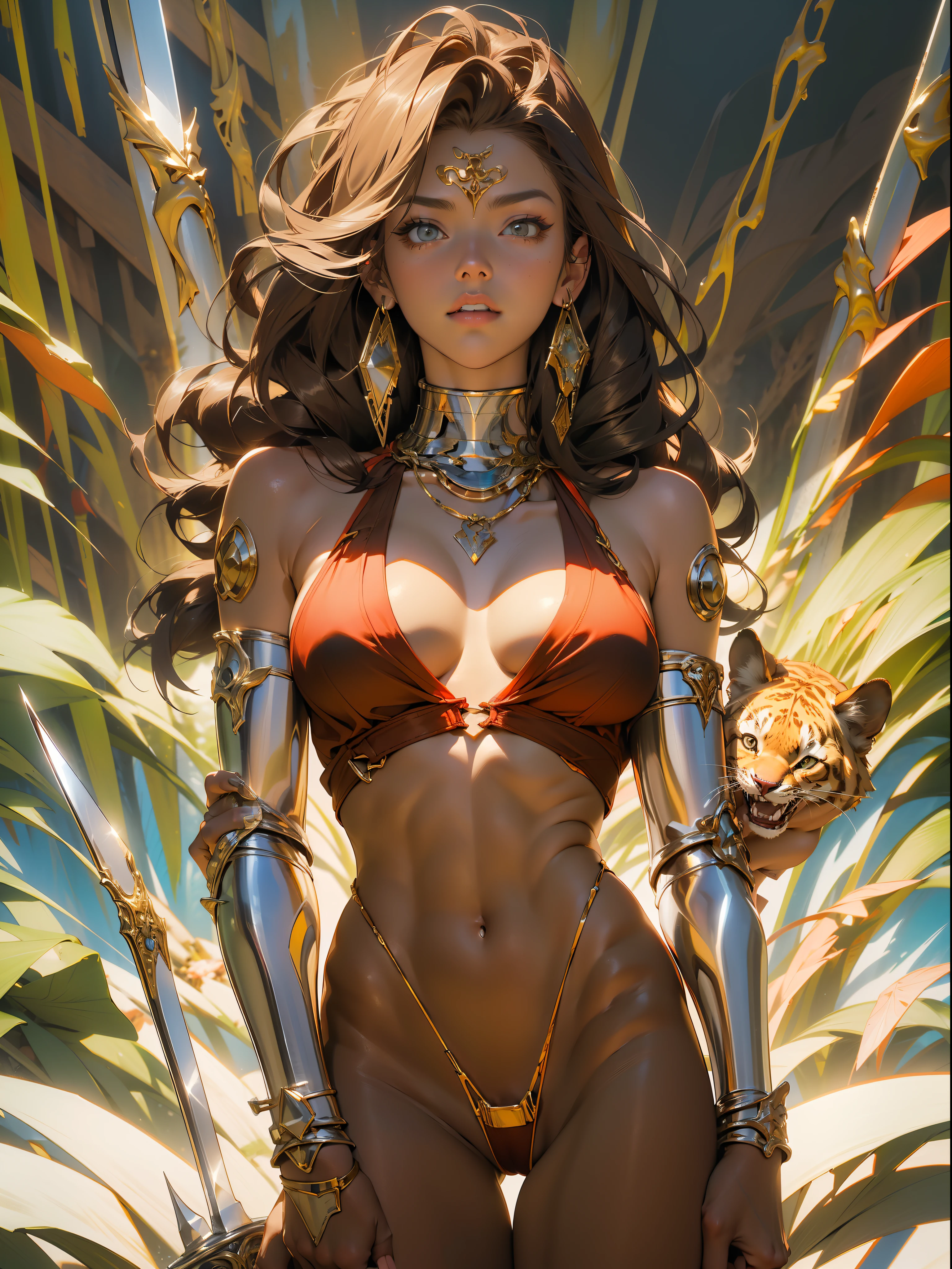 Sorayama style, metallic arm, (((best quality))), ((( masterpiece ))), ((( absurdres ))), ((( whole body))), muscular woman beautiful warrior Barbara wielding a large sword, Conan the Barbarian style, Simon Bisley style for a cover of Heavy Metal magazine, (( tiny thong made of brown animal skin )), (( large breasts semi covered by brown animal skin )), generous neckline, necklace of bones and teeth,  Earring of bones, scenery of icy mountains, ((( whole body ))), ((( brown ))), ((((whole body)))