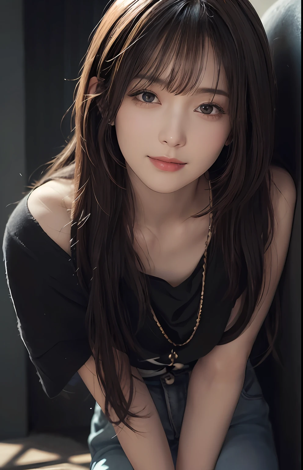 (Ultra Realistic), (Illustration), (High Resolution), (8K), (Very Detailed), (Best Illustration), (Beautiful and Detailed Eyes), (Best Quality), (Ultra Detailed), (Masterpiece), (Wallpaper), (Detailed Face), Solo, One Girl, Viewer, Fine Detail, Detailed Face, In the Dark, Deep Shadows, Low Key, pureerosfaceace_v1, Smile, Long Hair, Black shawl straight hair, 46-point diagonal bangs, full body, legs open