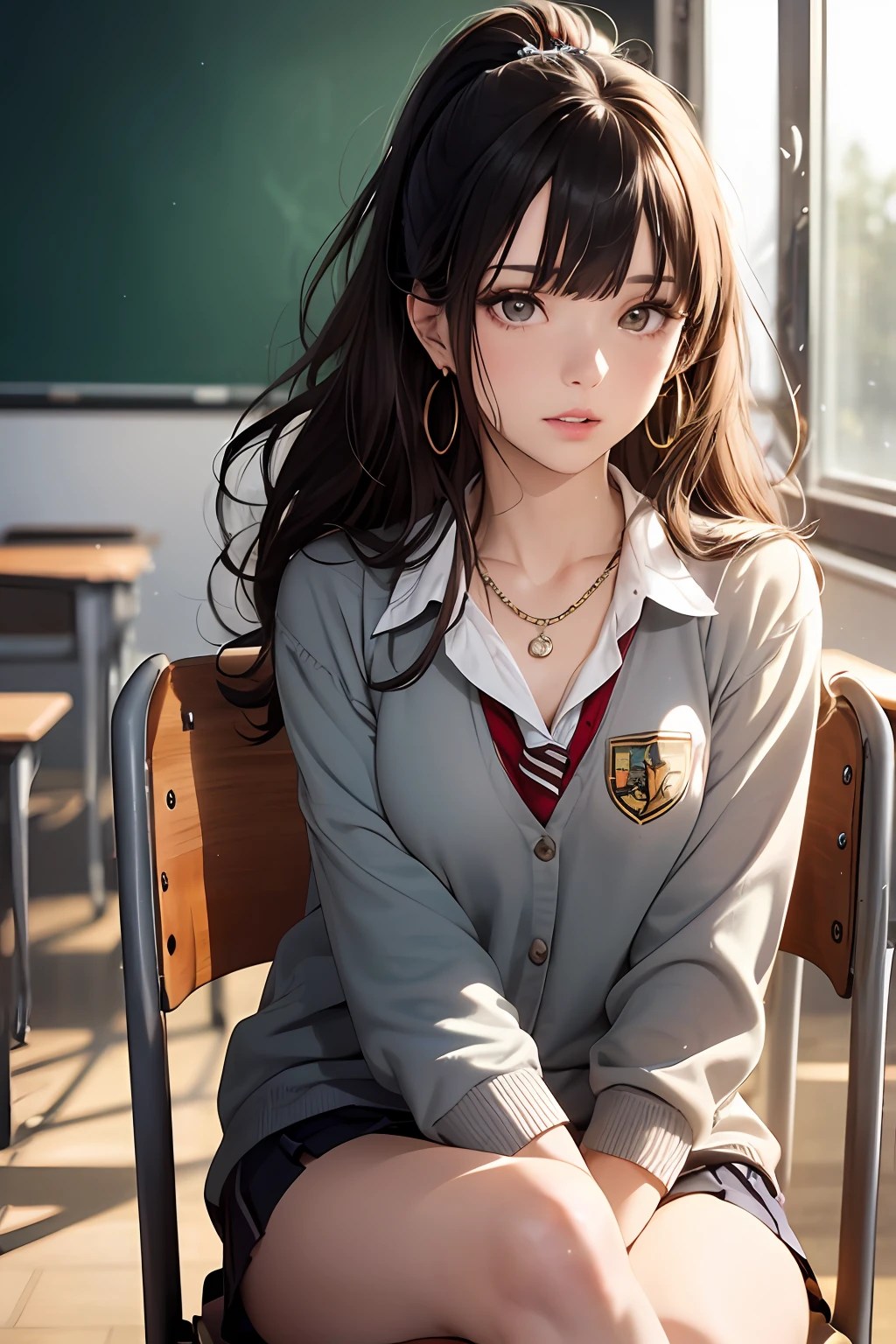 (Masterpiece: 1.3), (Maximum resolution: 1.2), (Ultra HDTV: 1.2), Cinema light, Ultra HDTV, (Detailed eyes and skin), (Detailed facial features), HDR, 8k resolution, Sharp Focus: 1.2, Perfect style, beautiful face, accurate, anatomically correct, highly detailed face and skin texture, detailed eyes, brown eyes, double eyelids, thin eyebrows, glitter eyeliner: 1.2, natural cheeks, glossy skin, fair skin: 1.2, shiny little necklace and earrings, (glossy lips: 1.4), BREAK, first-person-view, Wearing a High school uniform, (seductive face: 1.2), Innocent and Cute girl, (ponytail in high position, wavy hair, hair of white and some colors, bangs flowing diagonally), medium long hair, (Full body shot: 1.2), focus on face, ((Very intimate relationships: 1.2)), (medium large breasts), (((In the classroom: 1.2)), ((Sitting on the school chair with one's legs crossed:1.4)), (Staring at me)), from the side,