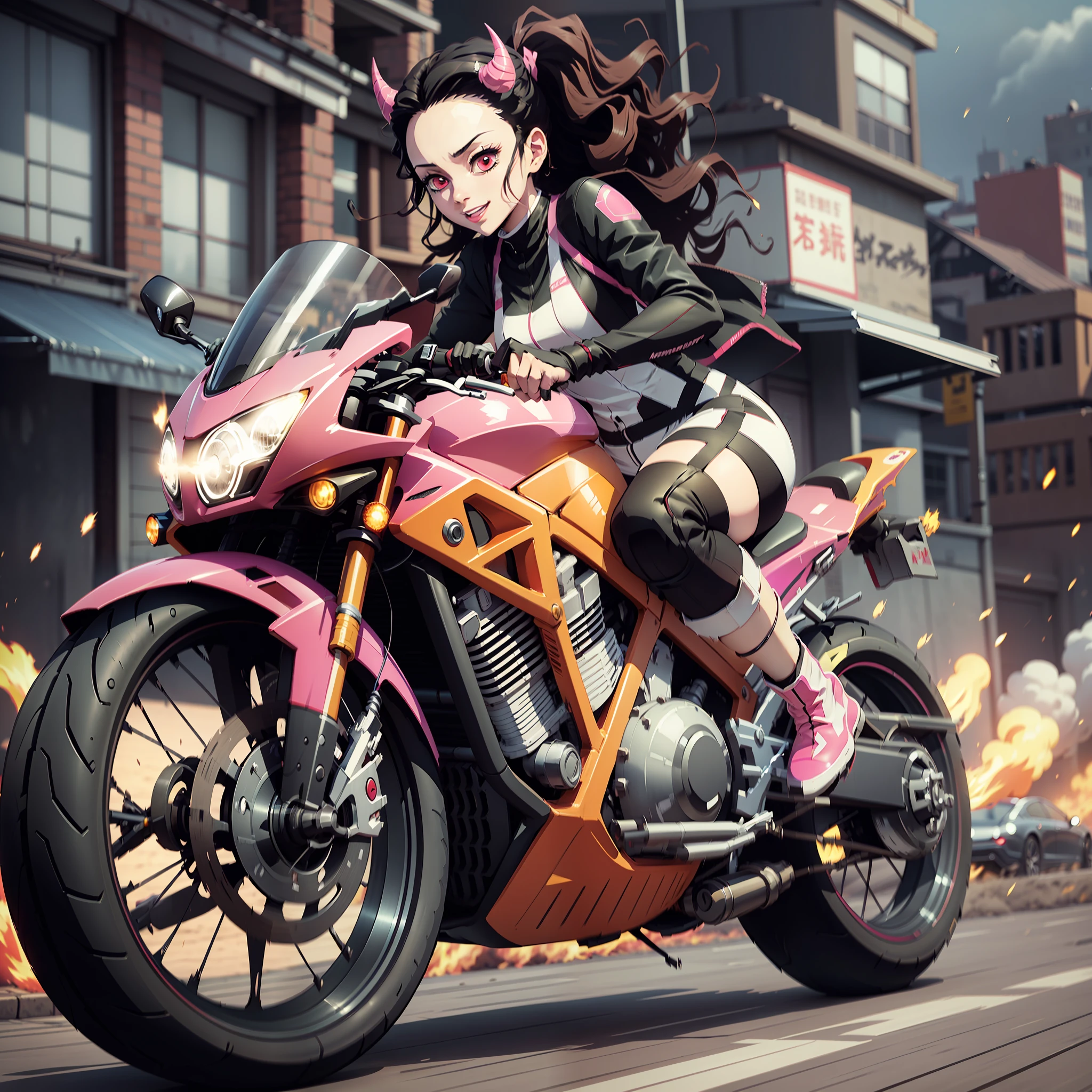 (masterpiece, best quality:1.2), kimetsu no yaiba style, kamado nezuko, (1girl, solo), 20years old, full body, (black and pink rider suit), (red demon horns, red eyes), evil smile, BREAK (driving motorcycle on the city with high speed, yhmotorbike), (slow motion:1.3), (Motion blur:1.3), (speed lines:1.4), sense of speed, sparks and smoke coming out of tires