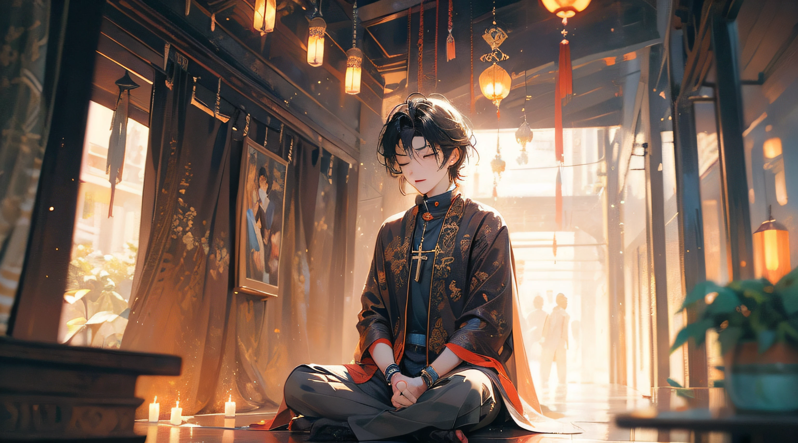 1 boy with eyes closed,Sit cross-legged on the ground,Background room,Mature face