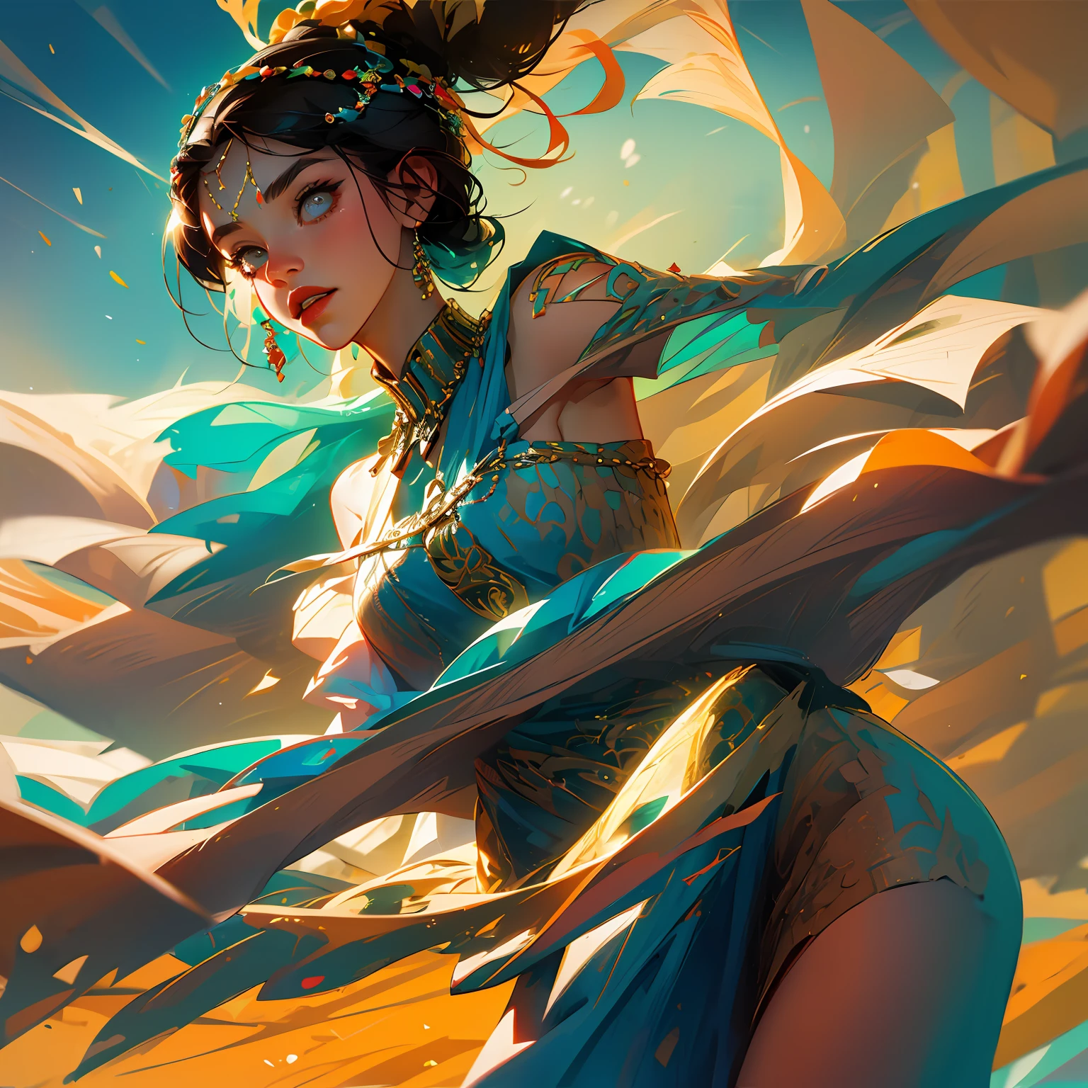 （Best Quority，a masterpiece of），1girl huge large breasts，Particle，the wind，Dunhuang goddess，Exposed shoulder，starfield background，Turn your back to the audience，black har，，Dance back --auto