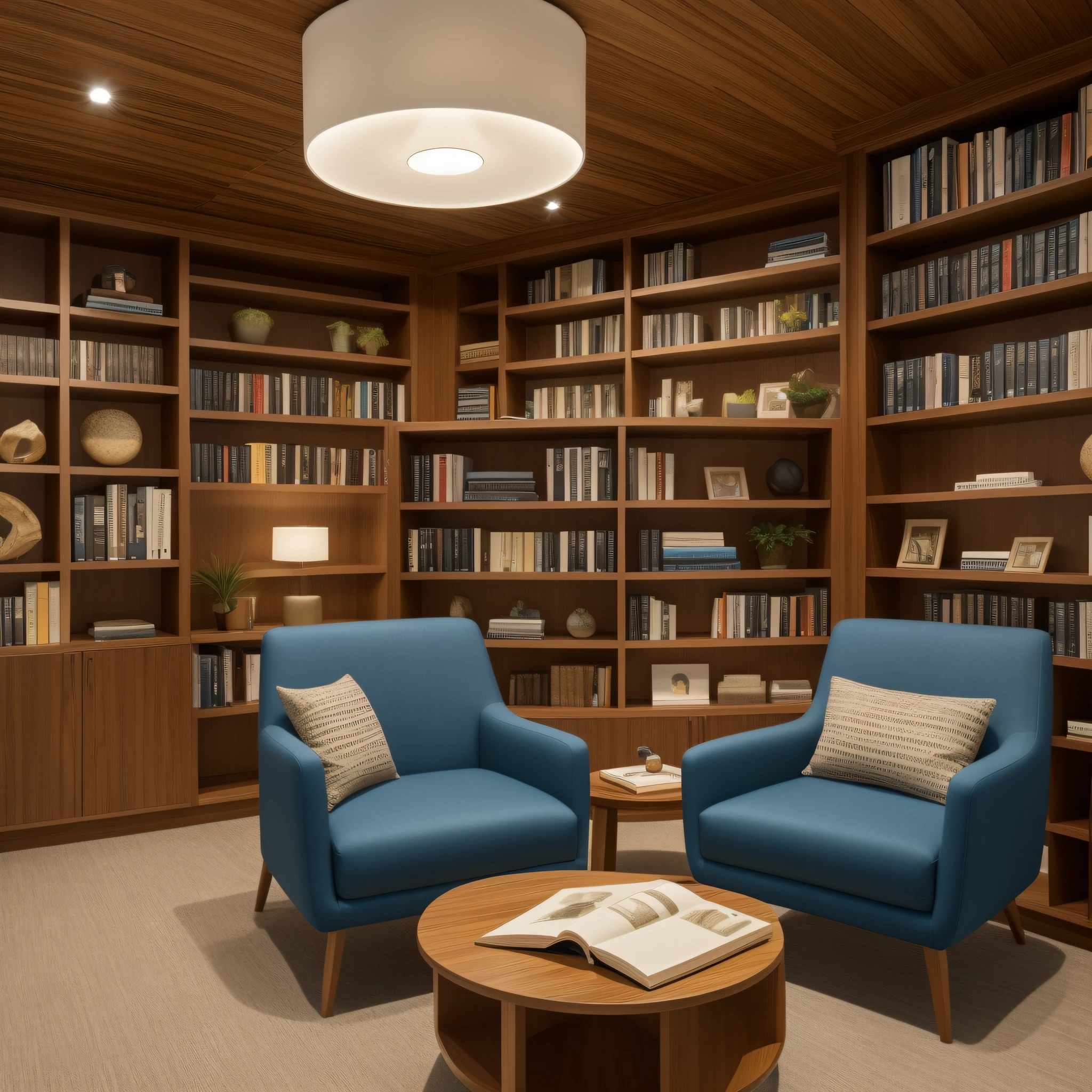 "Create a rest area in the office, with comfortable armchairs, luzes suaves e uma biblioteca de livros inspiradores, offering a tranquil place to recharge and seek inspiration."