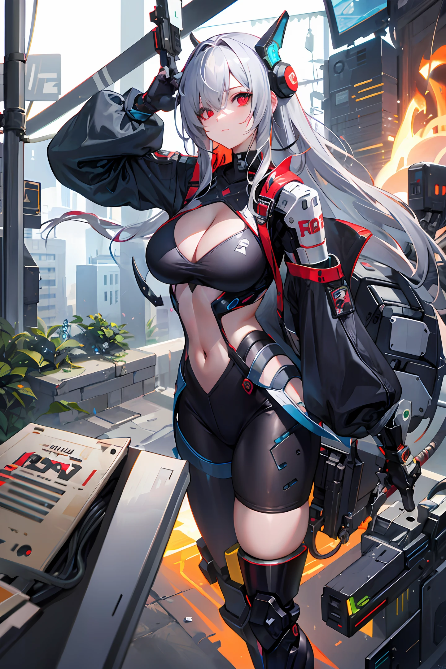 machine arm， Robot legs， guns， guns， holdingweapon， robotical， machine arm， mechanical leg，  sci-fy， cyberpunked， 独奏， 1girl huge large breasts， red eyes， hair covering one eye， a masterpiece of， the best quality， blone hair， Glowing clothes， Big armor， electrical wires， electric cables， monitors