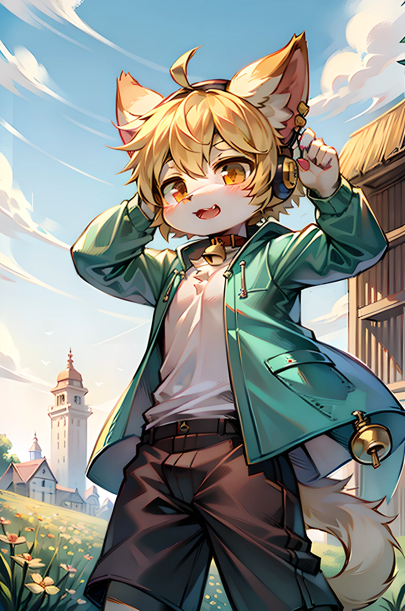 field, garden, band-aid, short hair, blonde, ahoge, bell collar, headphones, lower body, , furry, cat ears, open mouth, clouds, sky, sky, sun, in summer, no spots, cubs, yellow hair everywhere, yellow fur everywhere, cat ears, cat type, big fluffy tail, masterpiece, high-quality portrait, human figure, cub, beard, lone child wind, pose, full shot, sky blue coat, gray shorts, yellow scarf, white shirt, super cute face, Hands, meat pads, layered, Furry