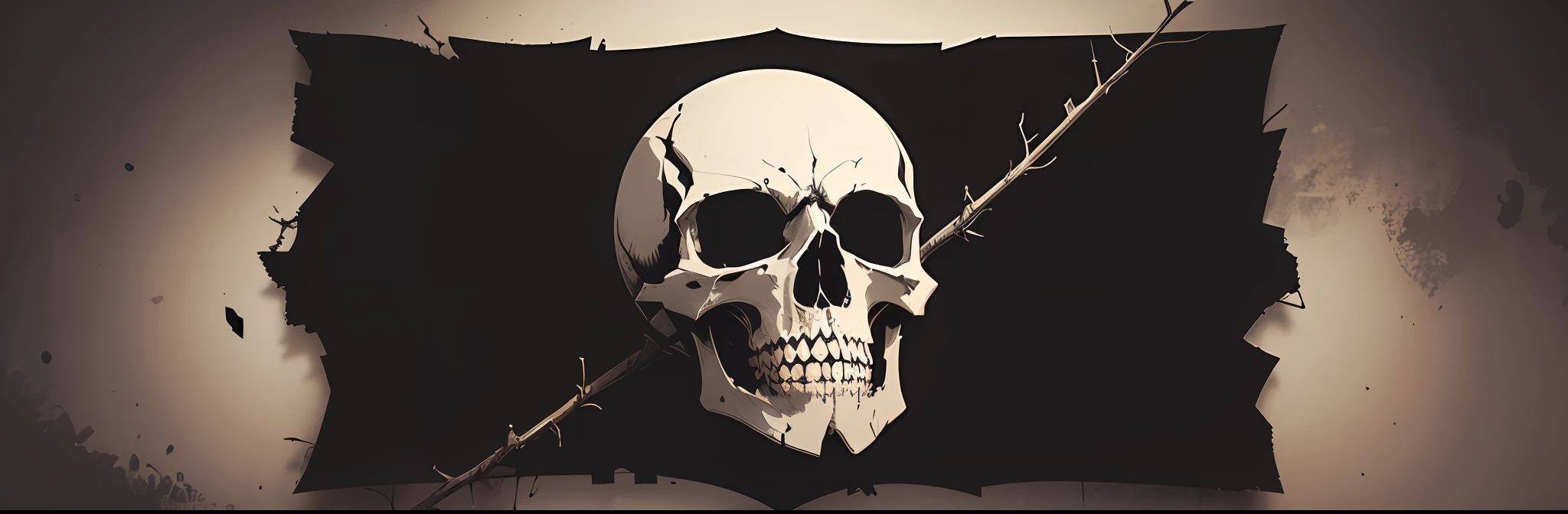 Design a dark and ominous pirate flag with an aspect ratio of 3:1. Present the flag as a flat, 2D image without any perspective or angled view. Give the flag a tattered and worn appearance, with frayed edges and a torn look. Position the skull and crossbones emblem at the center, featuring a sinister-looking skull with hollow eyes, sharp teeth, and a menacing expression. Ensure that the entire flag design is depicted in a flat manner within the frame, without any elements appearing at an angle or extending beyond the edges. Surround the emblem with elements like thorny vines, barbed wire, or swirling mist, while conveying a sense of danger and foreboding. Artwork, digital illustration with a high-contrast, dark atmosphere, --ar 3:1 --v 5