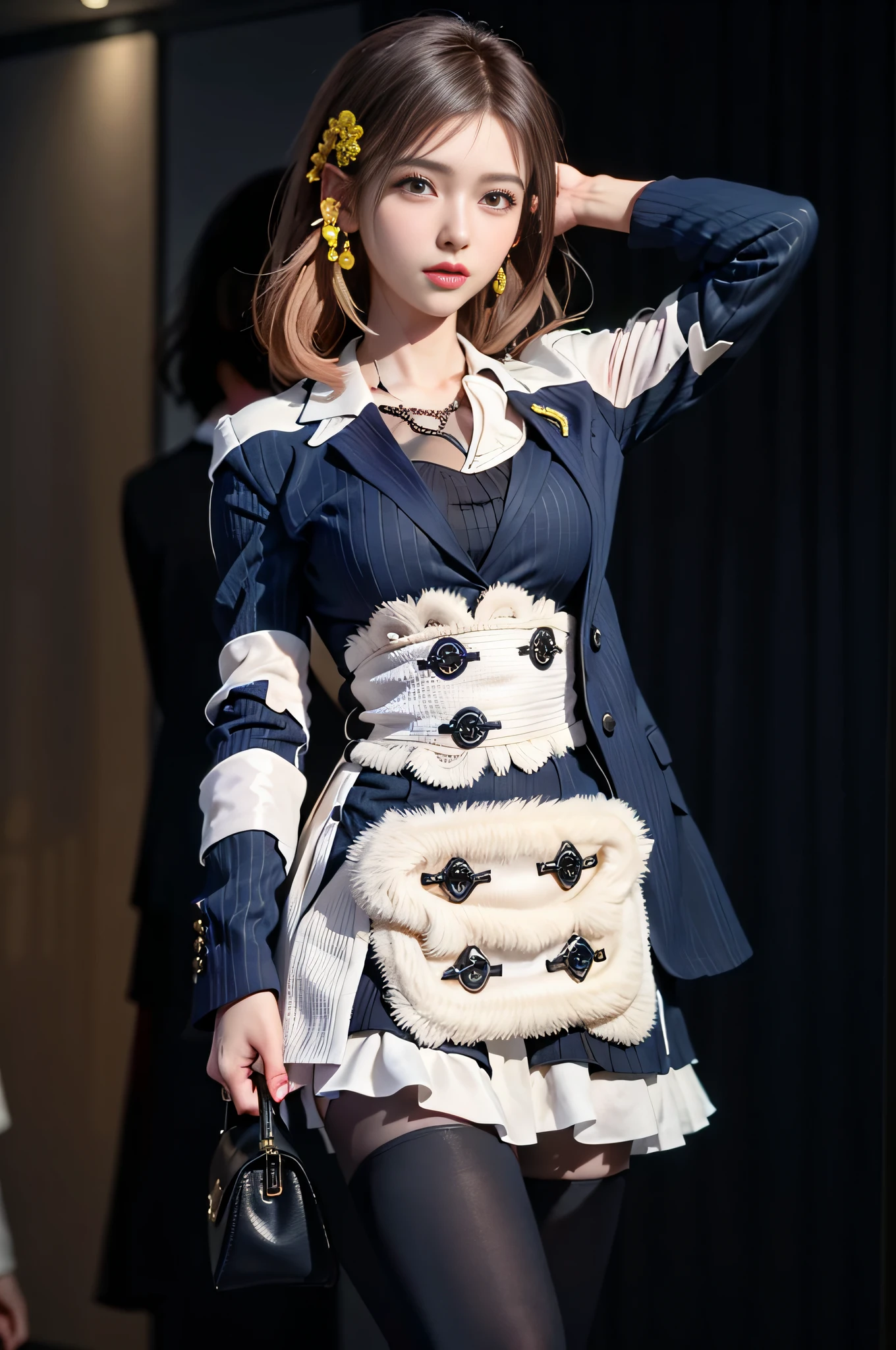 arafed woman in a blue and white suit and a handbag, trench coat and suit, wearing fashion suit, modern maximalist suit, Elegant suit, stylish suit, wearing jacket and skirt, high quality suit, high fashion classy, girl in a suit, Girl in suit, modern maximalist fashion dress, luxurious suit, office clothes, dressed in a suit