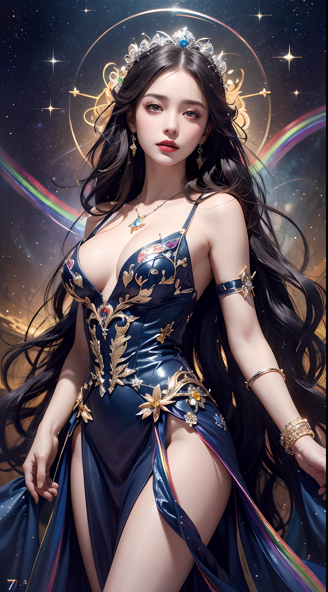 1 27-year-old girl, 1 zodiac goddess from the future, 12 zodiac goddess pink purple, 12 zodiac goddess face sexy thin yellow nightgown, long thin nightgown 12 zodiac many limbs sexy black lace detail, mythical goddess of the 12 zodiacs from the future, zodiac ♏, luxurious glittering zodiac style, dark and mysterious version, zodiac crown, lipstick red lips, thin and pretty lips, don't smile, keep your mouth shut, characters created by karol bak and pino daeni, intricate detail, detailed background, extremely detailed, light magic, a woman, clear face, looking at the upper body of the goddess of the zodiac, round breasts, big and round breasts, phoenix hair brooch, long hair with bangs, (Long hair has 7 colors like rainbow:1.9), beautiful detailed face and well-proportioned eyes, (transparent yellow eyes: 1.8), big round eyes and very beautiful and detailed makeup, visionary, long silk nightgown, mysterious makeup, Bracelets, side bangs and dye pale yellow, upper body, (zodiac goddess upper body: 1.8), drooping arms, Realistic and vivid photo, (stars that make up the zodiac: 1.7), ( sky zodiac and fictitious space and time portal: 1.8), fiction art, RAW photo, hanfu photo, best photo , high_res, best quality, best photo, 8k quality, 8k ultra , surrealism, the most economical real photo, artistic portrait of 12 zodiac signs, 1 symbol of 12 zodiac signs behind, single portrait of 12 zodiac goddess, The most realistic color scheme, best photo color, masterpiece, hair ornament, necklace, jewelry, Beautiful face, upper body, tyndall effect, photo realistic, dark studio, border light, two tone light, (detailed skin) high: 1.2), 8k uhd, dslr, soft light, high quality, volumetric light, candid, Photo, high resolution, 4k quality, 8k, Bokeh, Smooth and sharp, pixel up 10 times, Charming zodiac goddess, sexy zodiac goddess, (background space: 1.8), (galaxy: 1.7), aurora, lightning, (Aurora Background: 1.8) <lora:locon_perfecteyes_v1_from_v1_, beautiful goddess and flowers,