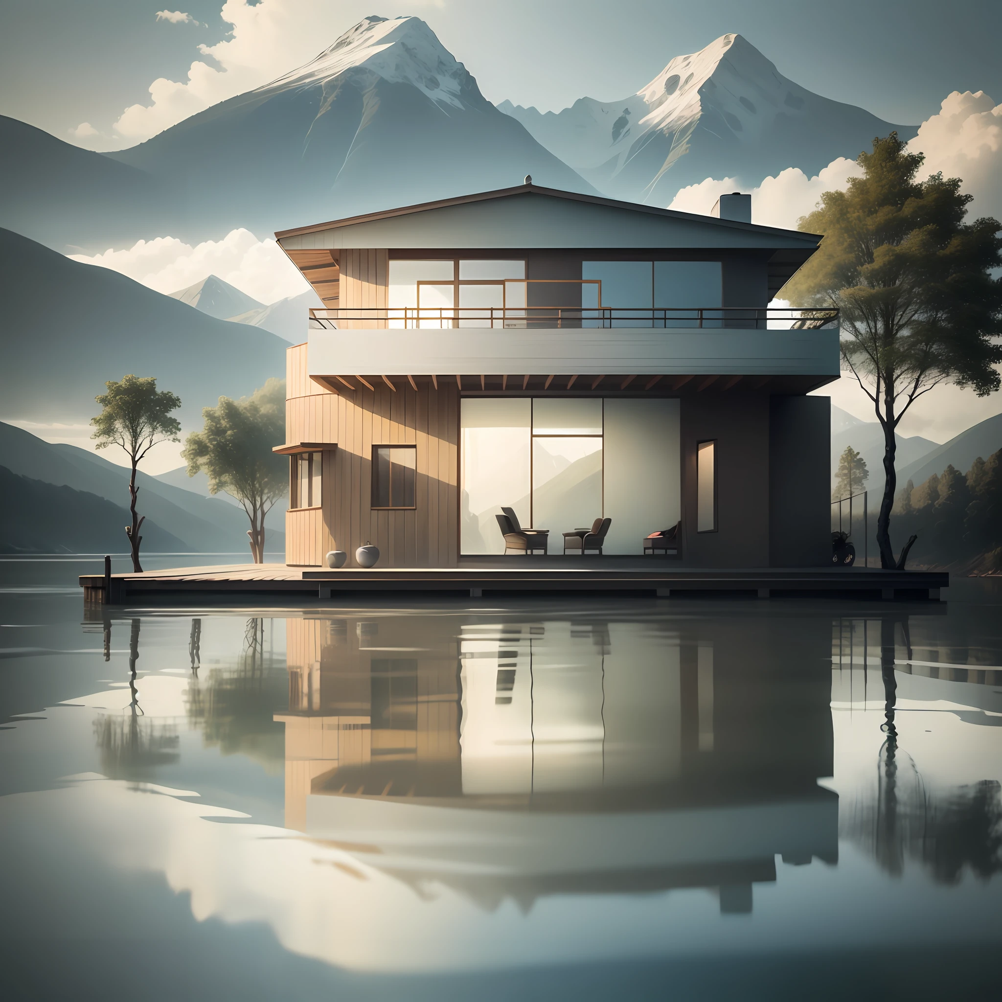 A small modern house floating in the middle of the lake...,.It's raining.,loft style ,It's cold but warm.,Fog,master-piece,High Quality,10,(bestquality:1.0),Surrounded by mountains and lakes, clear water.