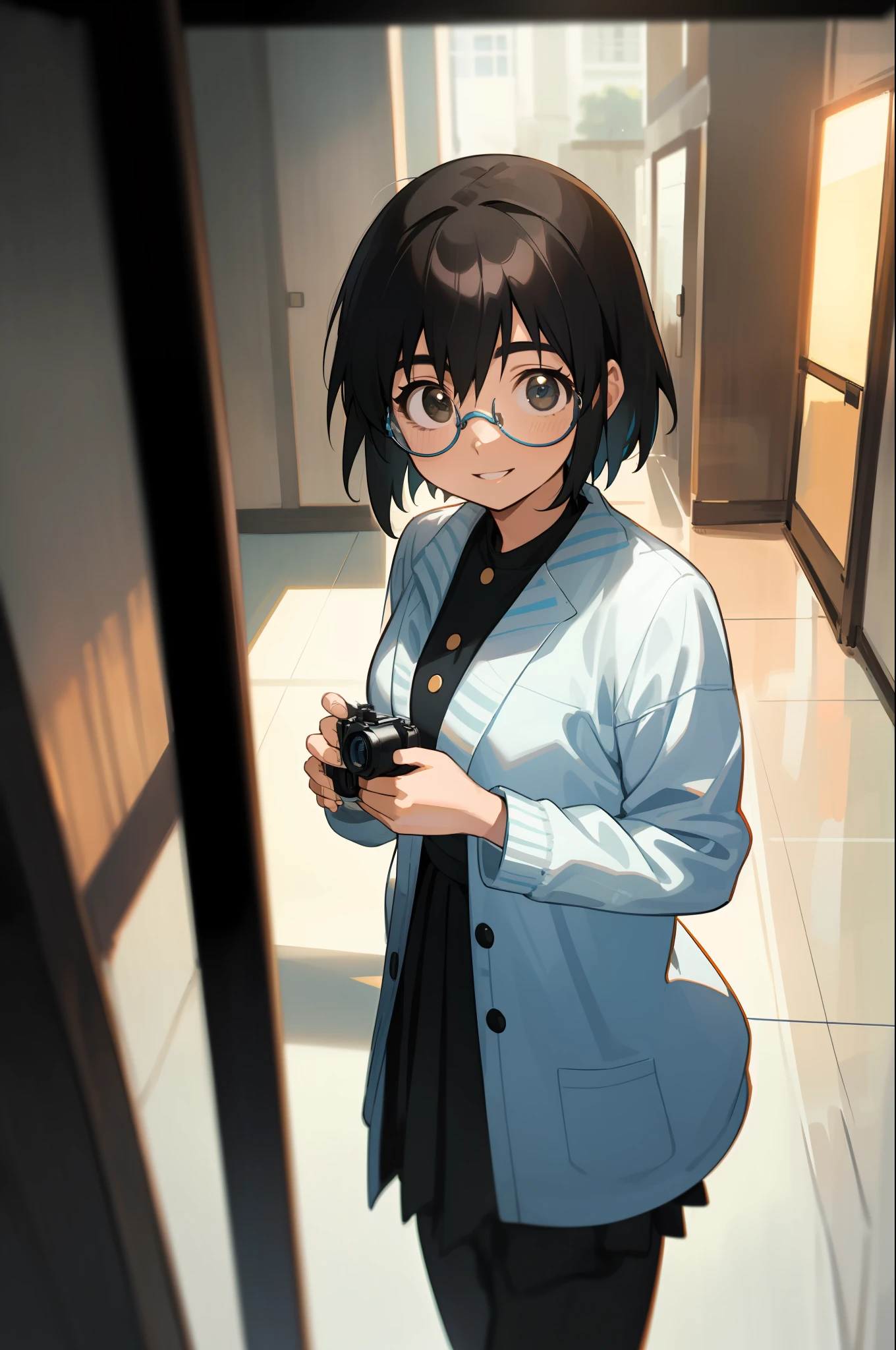 (Masterpiece: 1.2), 4k, 8K, (Glasses: 1.2), {indoor|Outdoor}, {day|the night}, {upper half body|cowboy shots}, (1Girl: 1.2), Solo, POV, ayase fuuka, programmer, nerd, Chief Technology Officer(CTO), Front view, from above, Smile, full color scale, halftone, illustration, manga, Light from reflectors, (ultra-detaile: 1.2), Filming by professionals, (Light Skin:1.2)