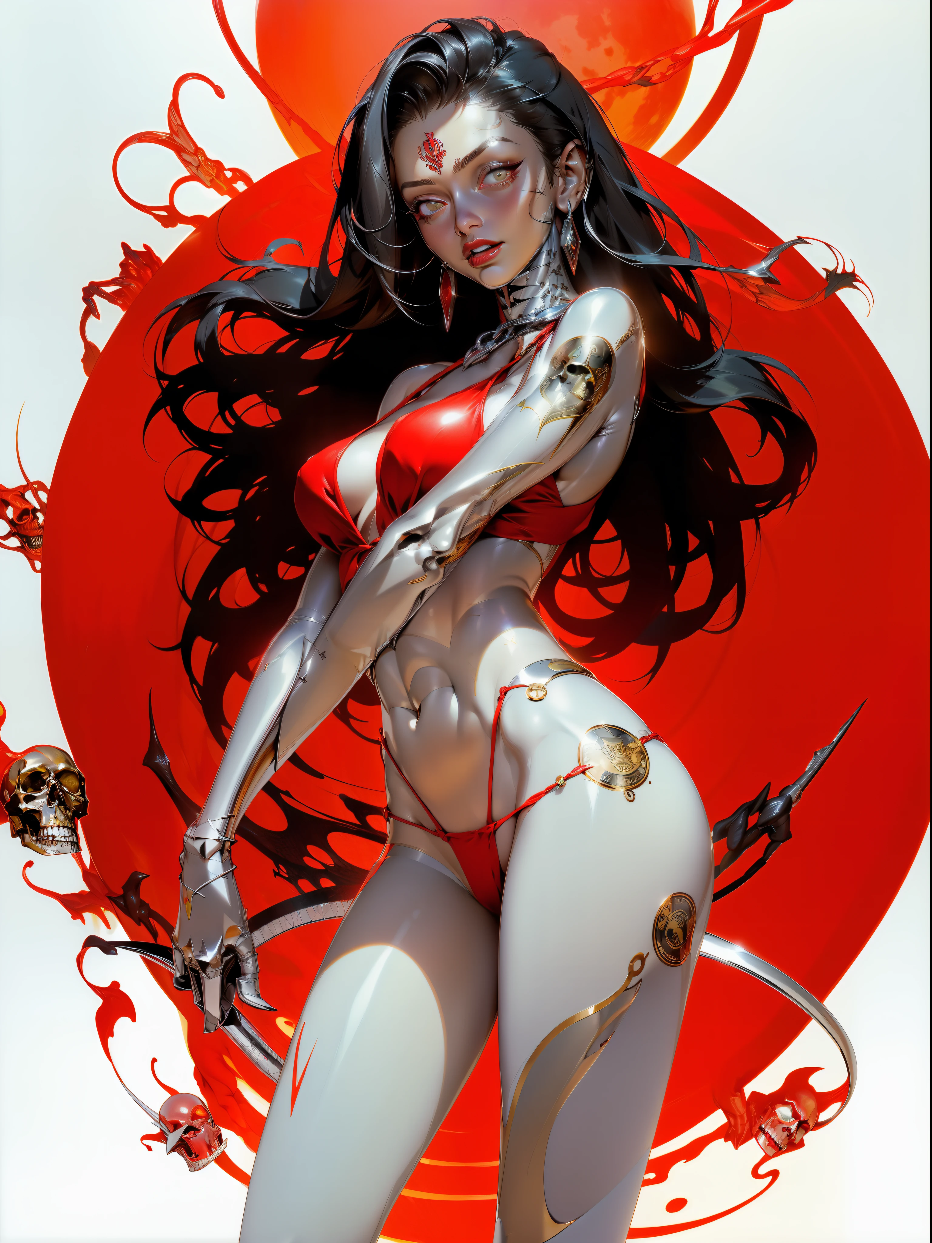 Sorayama style, metallic arm, ((( best quality ))), ((( masterpiece ))), ((( absurdres ))), (( whole body))), Goddess of death wielding a large scythe, hair totally black as night, silver star glued to the body, vampire wearing a red cape, perfect and defined body, Simon Bisley style for a cover of Heavy Metal magazine, (( tiny thong made of gleaming metal )), (( large breasts semi covered by gleaming metal )), generous neckline, necklace of small human skulls, earring of bones, night scenery with a gigantic blood moon, ((( whole body ))), ((( red ))), ((((whole body)))