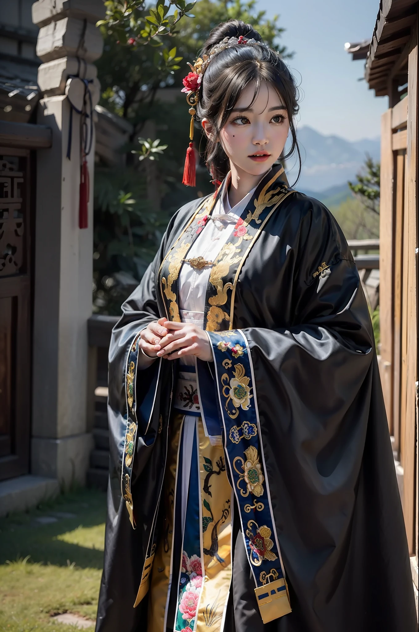 （（a masterpiece of）， （Best Quority）， superhighresolution， （OriginalPhoto：1.2）， （realisticlying：1.4）， excellent detail， dramatic  lighting， A high resolution， 8k， hoang lap， 1girly， chino， （Daoist_robe：1.3）， Black daoist_robe， exteriors， ancient Chinese， Look at viewers， scenecy， SakuraNS， ulzzang-6500：0.7，
chineseidol， mont， Landscape painting in ancient Chinese style， Mountain ahead， Beautiful meandering green river behind， High line detail， A high resolution， hyper qualit， Epic composition， cinematic lighti， a masterpiece of，Beautiful maiden