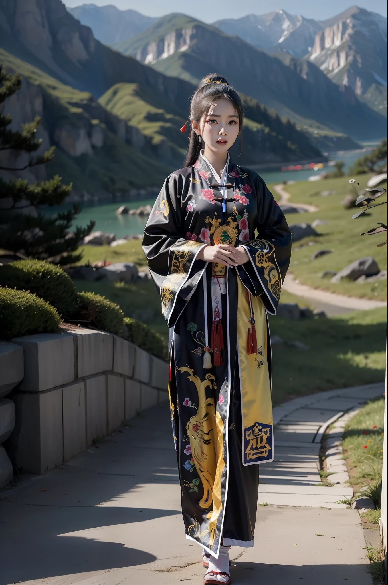 （（a masterpiece of）， （Best Quority）， superhighresolution， （OriginalPhoto：1.2）， （realisticlying：1.4）， excellent detail， dramatic  lighting， A high resolution， 8k， hoang lap， 1girly， chino， （Daoist_robe：1.3）， Black daoist_robe， exteriors， ancient Chinese， Look at viewers， scenecy， SakuraNS， ulzzang-6500：0.7，
chineseidol， mont， Landscape painting in ancient Chinese style， Mountain ahead， Beautiful meandering green river behind， High line detail， A high resolution， hyper qualit， Epic composition， cinematic lighti， a masterpiece of，Beautiful maiden