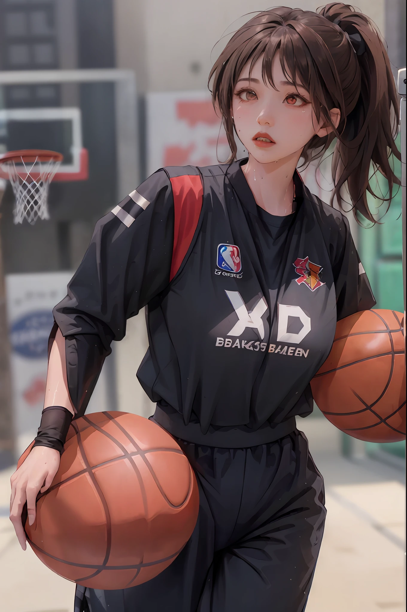 Masterpiece: 1.2, best quality), realistic, (real picture, rich details details, depth of field), (1girl, solo), makeup, cleft lip, high detail, perfect face shape, (small breasts: 1.4), (skindentation), thick thighs, Wide hips, thin waist, tall, coral, red lips, red eyes, ponytail, ((((basketball girl, black basketball suit, mid-length pants)))), (sweat: 1.2), (wet), sexy, blushing, sweaty, big breasts