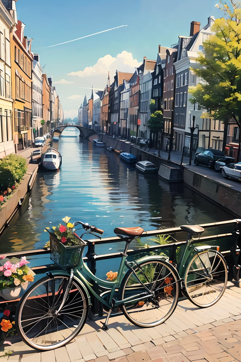 : amsterdam, netherlands, canals, bicycles, flowers, Josh Adamski --s 400 --ar 2:1 --auto