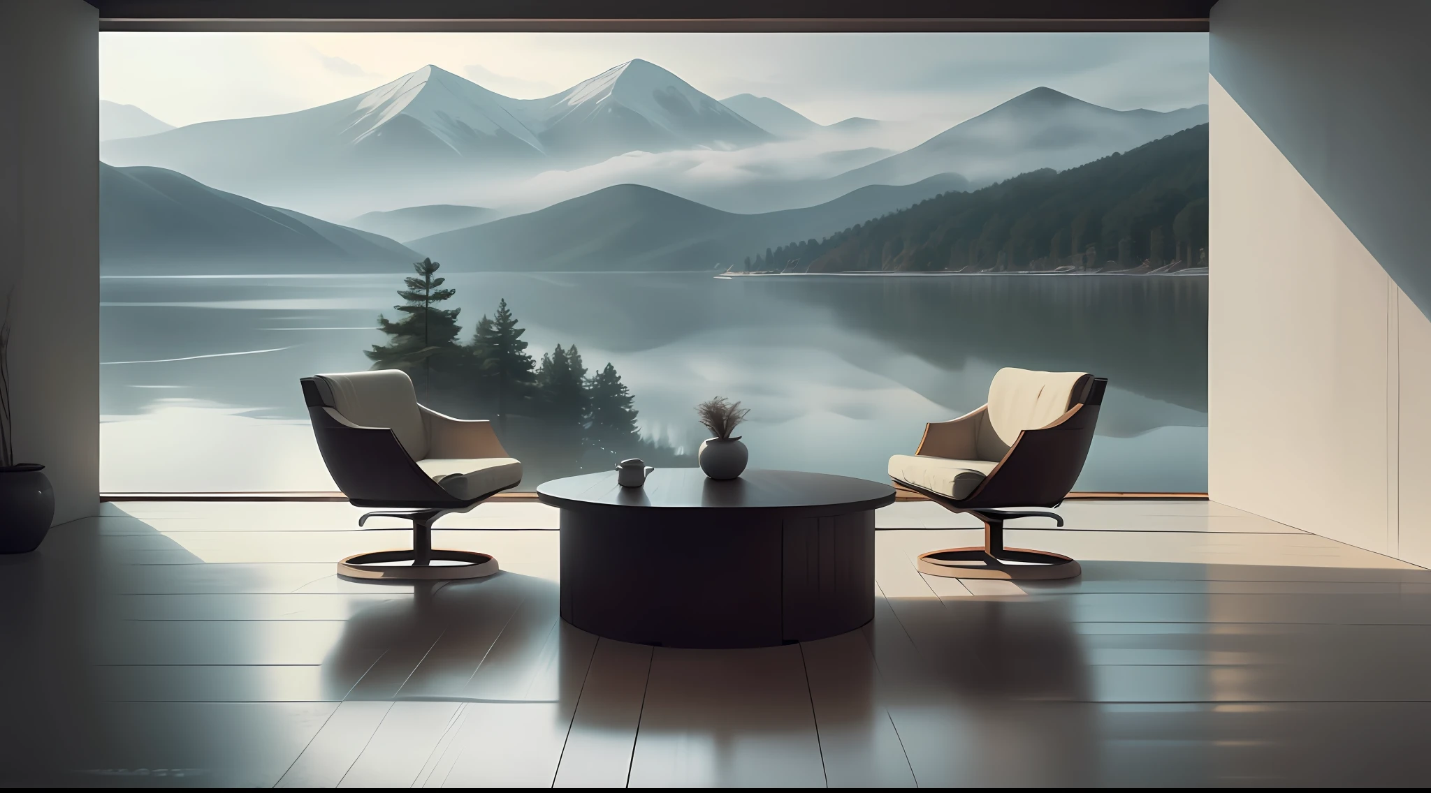 On the balcony of a small modern house by the lake....(Pine forest),.It's raining.,loft style ,It's cold but warm.,Fog,master-piece,High Quality,10,(bestquality:1.0),Surrounded by mountains and lakes, clear water.