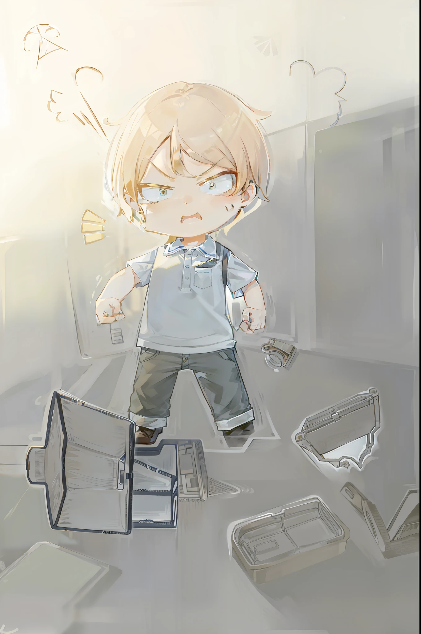 Outrage、primary schoolgirl、‎Classroom、Lose one's temper、nerds、Ground、Overturned、classroom desk、Eyes widened、Clench your hands into fists